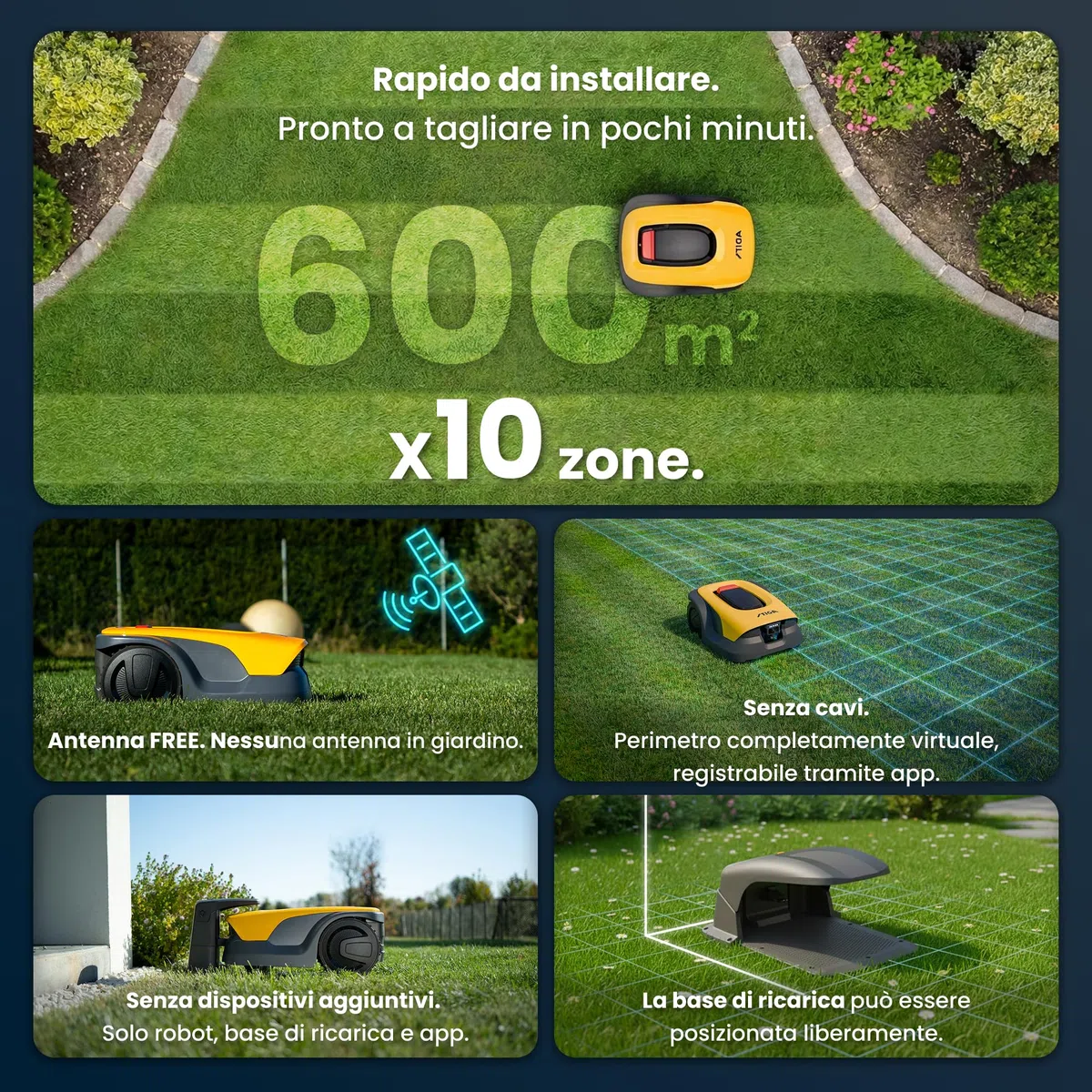 STIGA A 6v a Robot Tagliaerba, 25,2 V, 18 cm – Telecamera AI Integrata, Navigazione Autonoma Senza Cavi, Garage Incluso – Prati fino a 600 m²