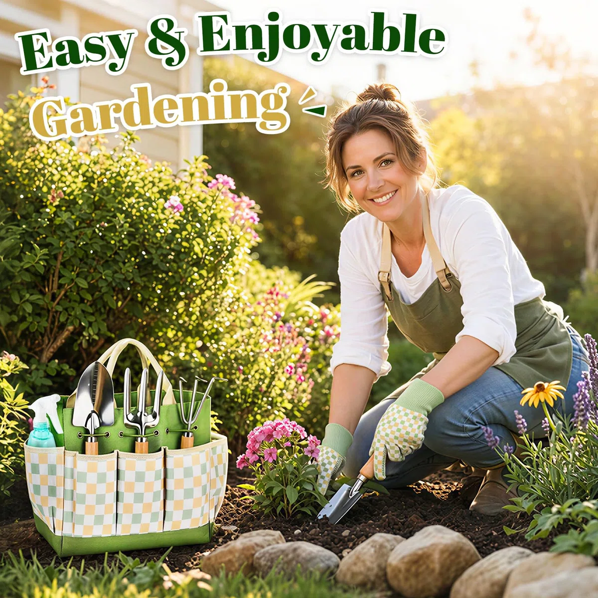 Set di attrezzi da giardinaggio, 9 pezzi, resistenti, con borsa resistente, attrezzi da giardino ergonomici resistenti alla ruggine, ideale come regalo per donne, giardinieri, giardinieri principianti