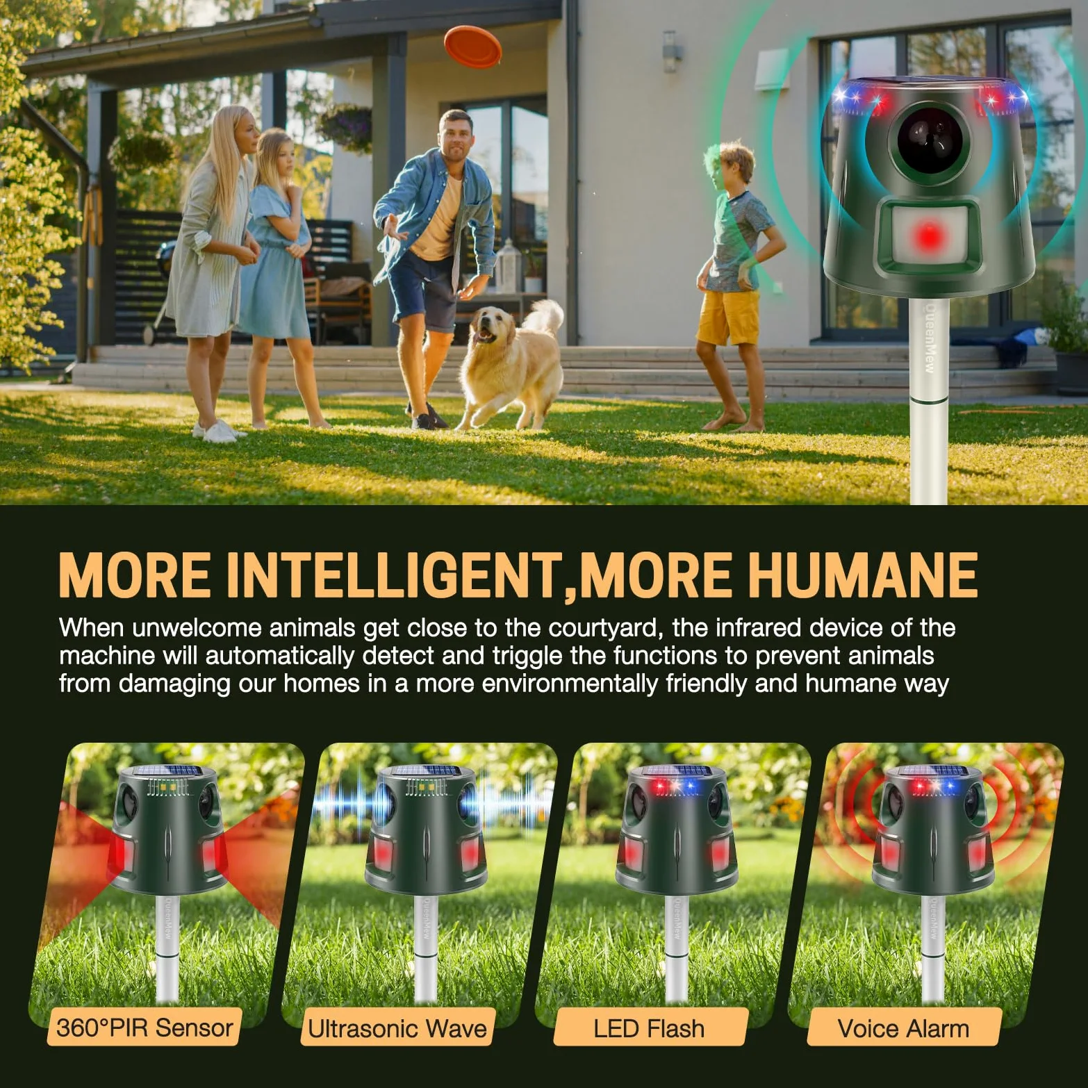 Repellente per Gatti, 360° Repellente per Animali ad Energia Solare con Sensore di Movimento e Luce Lampeggiante, 5 Modalità Ultrasuoni Repellente per Topi Uccello Puzzola Scoiattolo Procione Coniglio