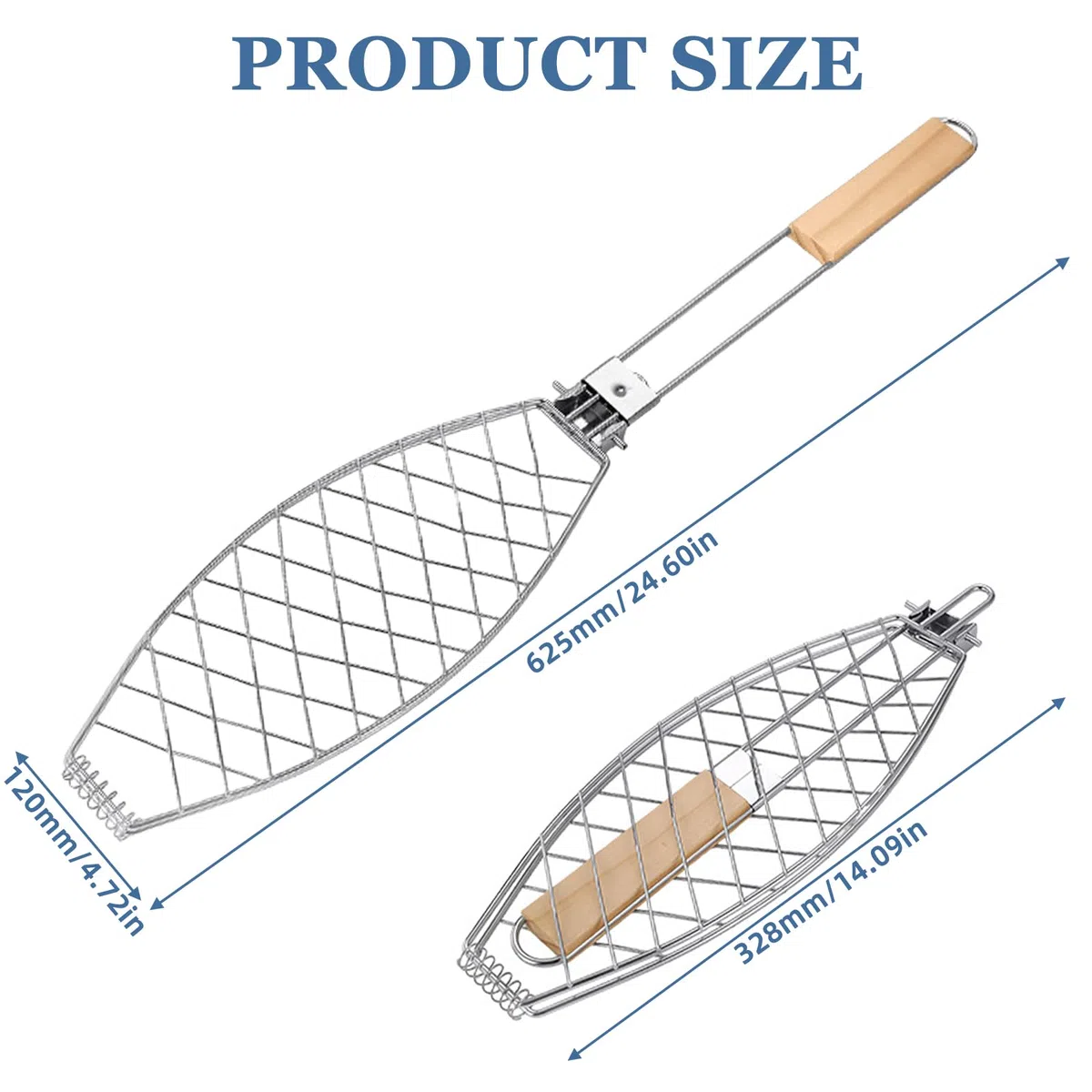 3 x arrosti per pesce, in acciaio inox, con manico in legno, 62 x 12 cm, per grigliare, barbecue, pieghevole, pinza portatile, colore: argento