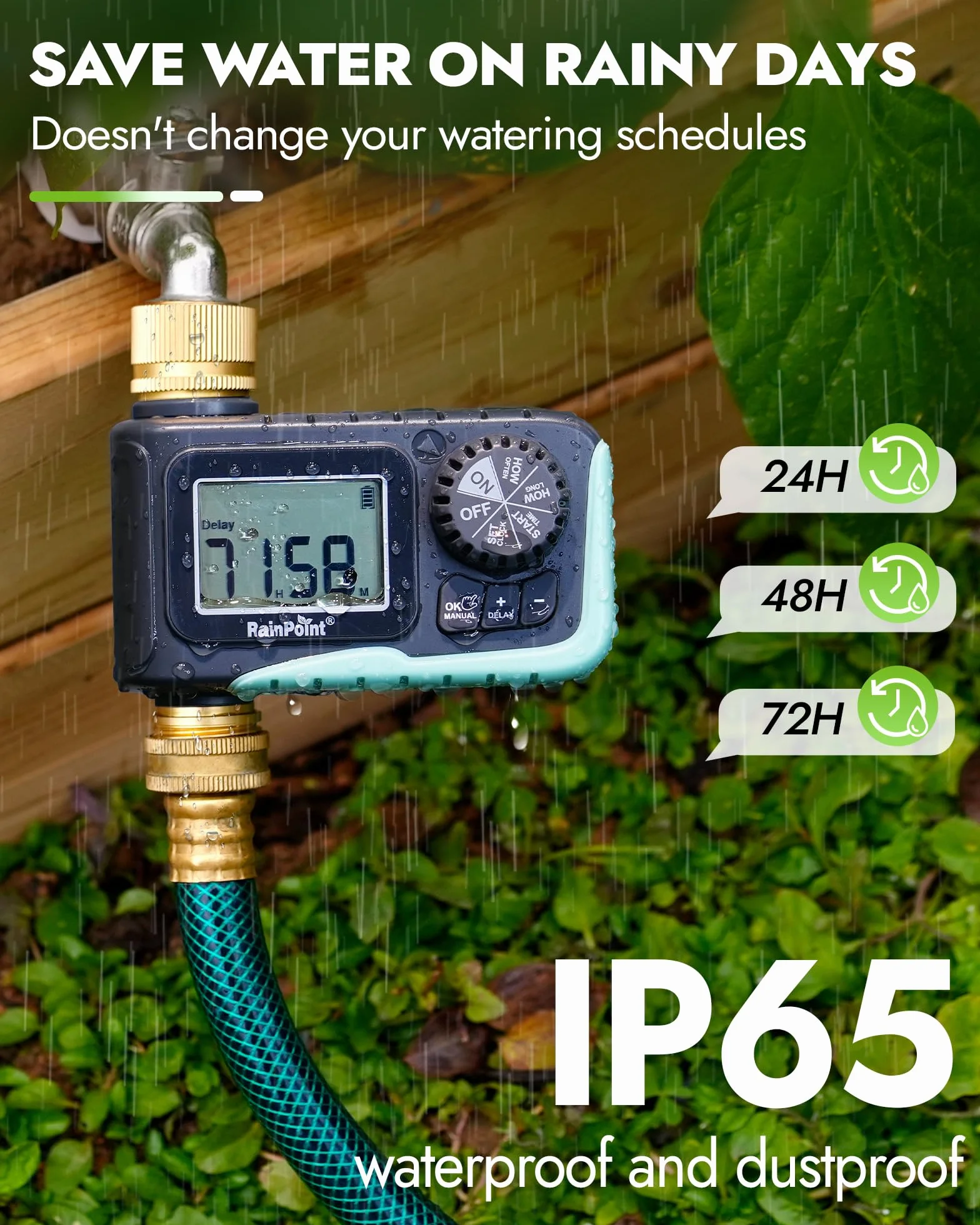 RAINPOINT Timer irrigatore con ingresso e uscita in ottone, timer programmabile per tubo da giardino, timer per irrigazione con ritardo della pioggia/sistema di irrigazione manuale, irrigazione