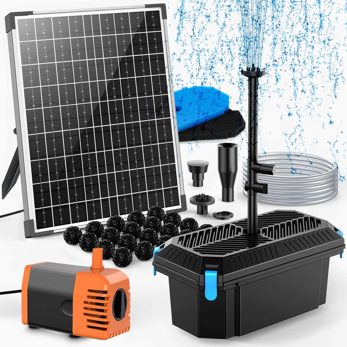 POPOSOAP Filtro solare per laghetto da 30 W con pompa per fontana, filtri per laghetti esterni con pompa per laghetto da 430 GPH e 4 teste per fontana e tubo in PVC da 1,8 m per acqua da giardino con