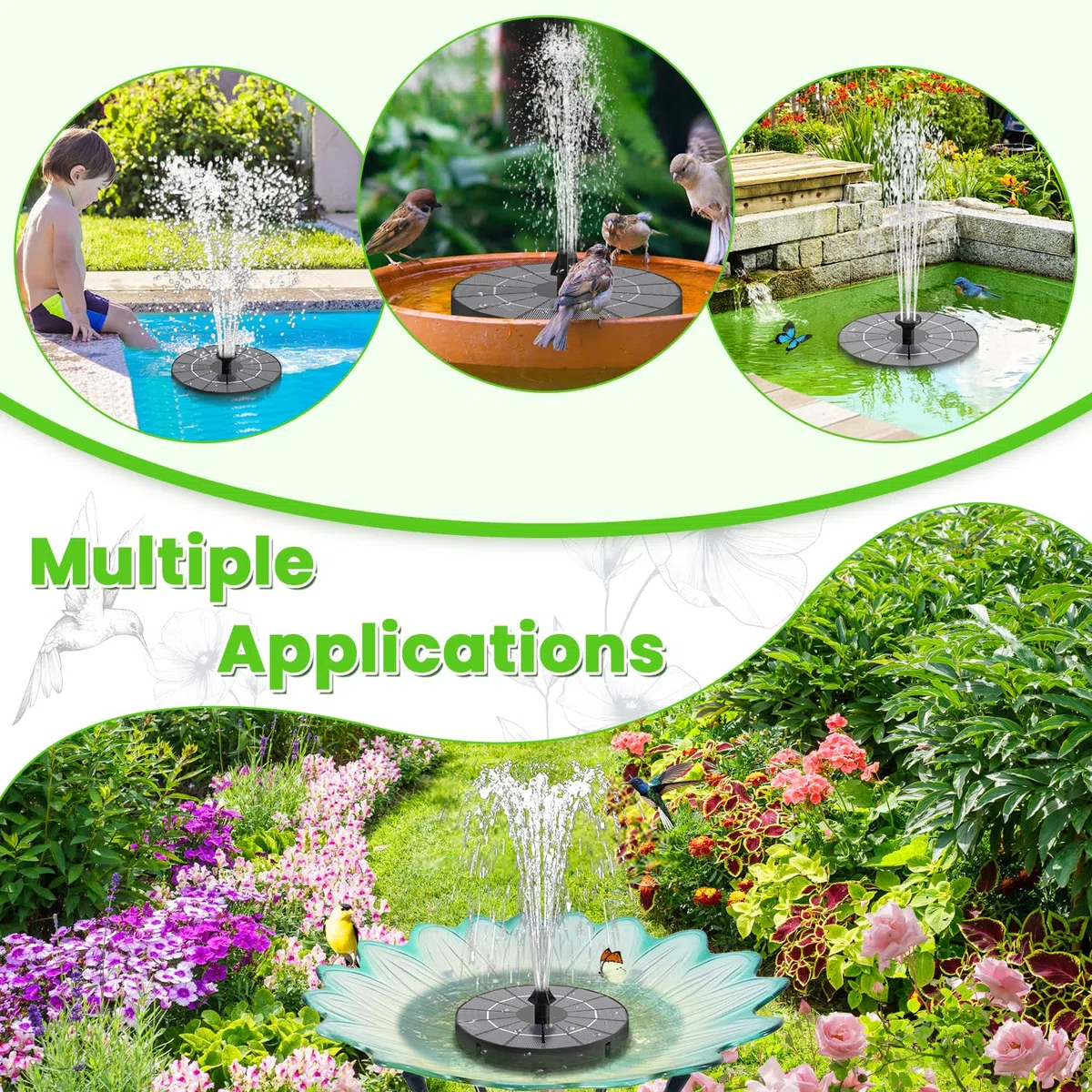 SZMP Fontana Solare Esterna, 3.5W Pompa ad Acqua Solare con 2000mAh Batteria, Fontana da Giardino Esterno con 8 Ugelli & 4 Fissatori per Laghetto, Piscina, Vaso dei Pesci e Bagno per Uccelli