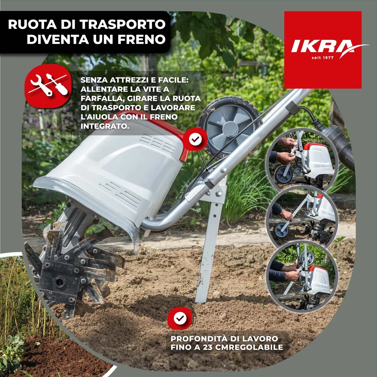 IKRA motozappa elettrica FEM 1500, 3 larghezze regolabili 17, 30 e 45 cm | 1500 W, profondità di lavoro 23 cm, sperone frenante, ruota trasporto, pieghevole, protezione da sovraccarico