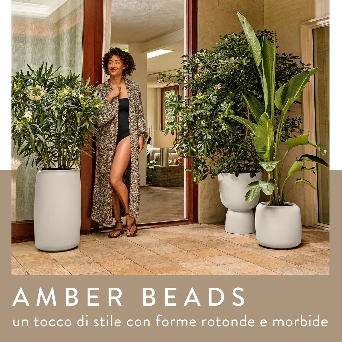 Elho Amber Beads Small 40cm Vasi per Piante - Linen White | ∅ 39.2 x A 34.9 cm | Adatto per uso interno ed esterno | Plastica riciclata al 100%