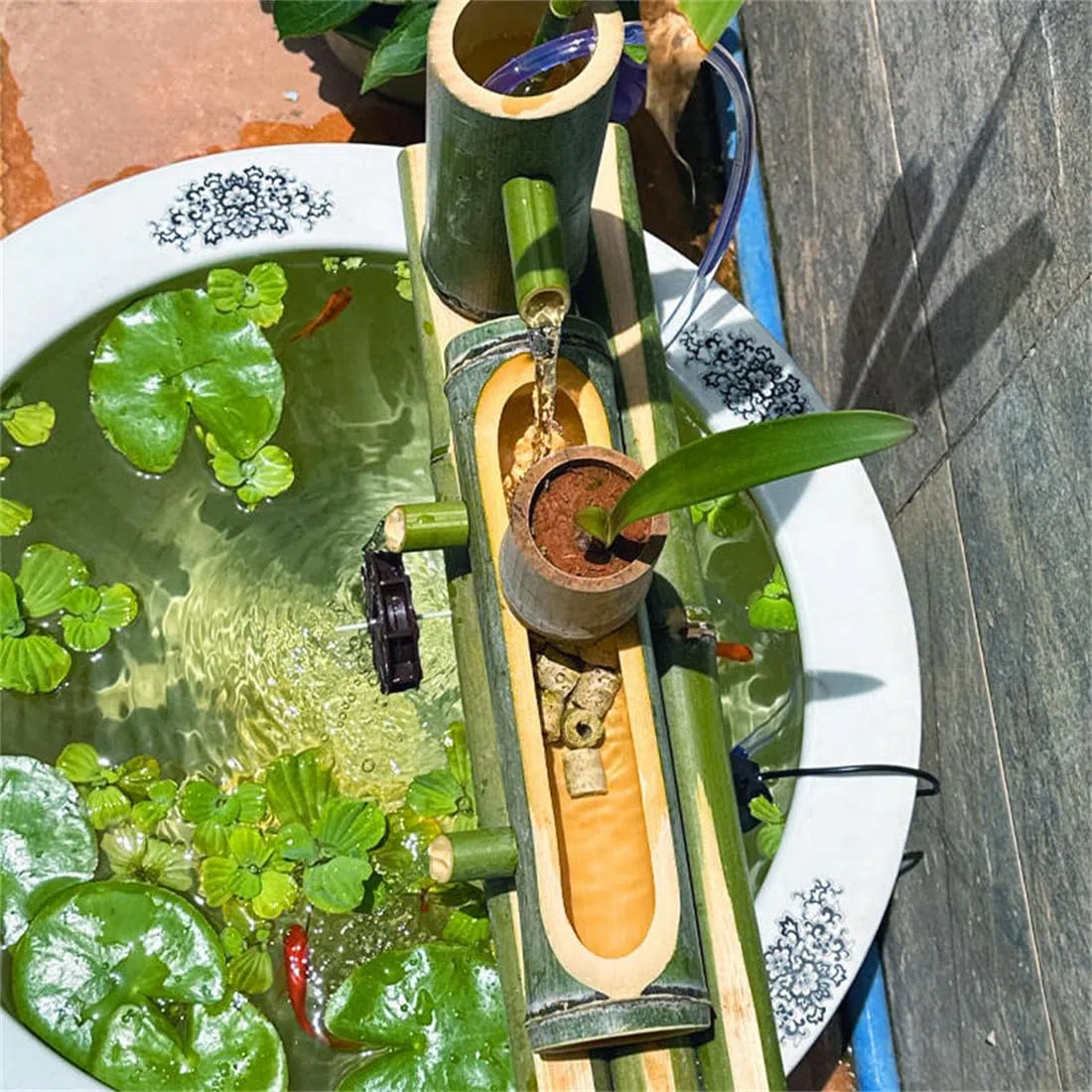 Kit fontana solare in bambù con pompa, decorazione da giardino zen per esterni, fontana Feng Shui ad energia solare, per cortile, prato, 35 cm, fontana in bambù ecologica