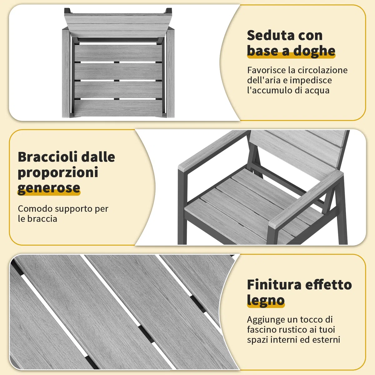 JUMMICO Sedia da Esterno in Alluminio Aspetto Legno - Antiruggine, Facile da Pulire e Imputrescibile, Portata Massima 160kg, Per Giardino, Cortile, Balcone