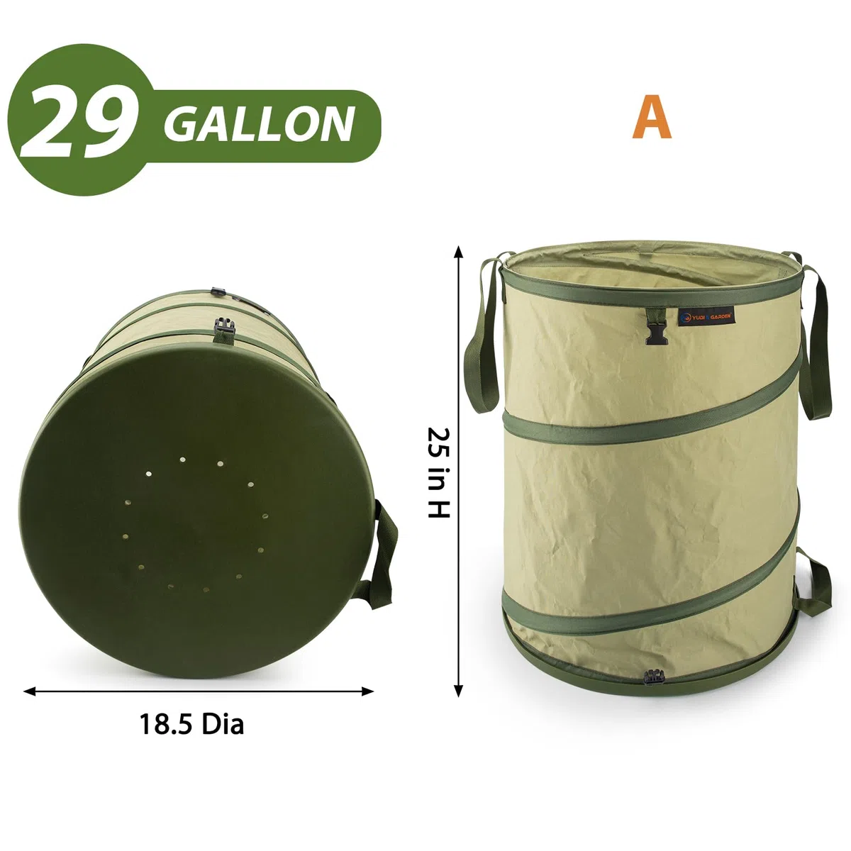 YUDI & GARDEN Pattumiera pieghevole con fondo rigido da 29 litri, borsa da giardino pieghevole, cestino da campeggio, verde, confezione da 2 per raccogliere erbacce o rifiuti da cortile e feste