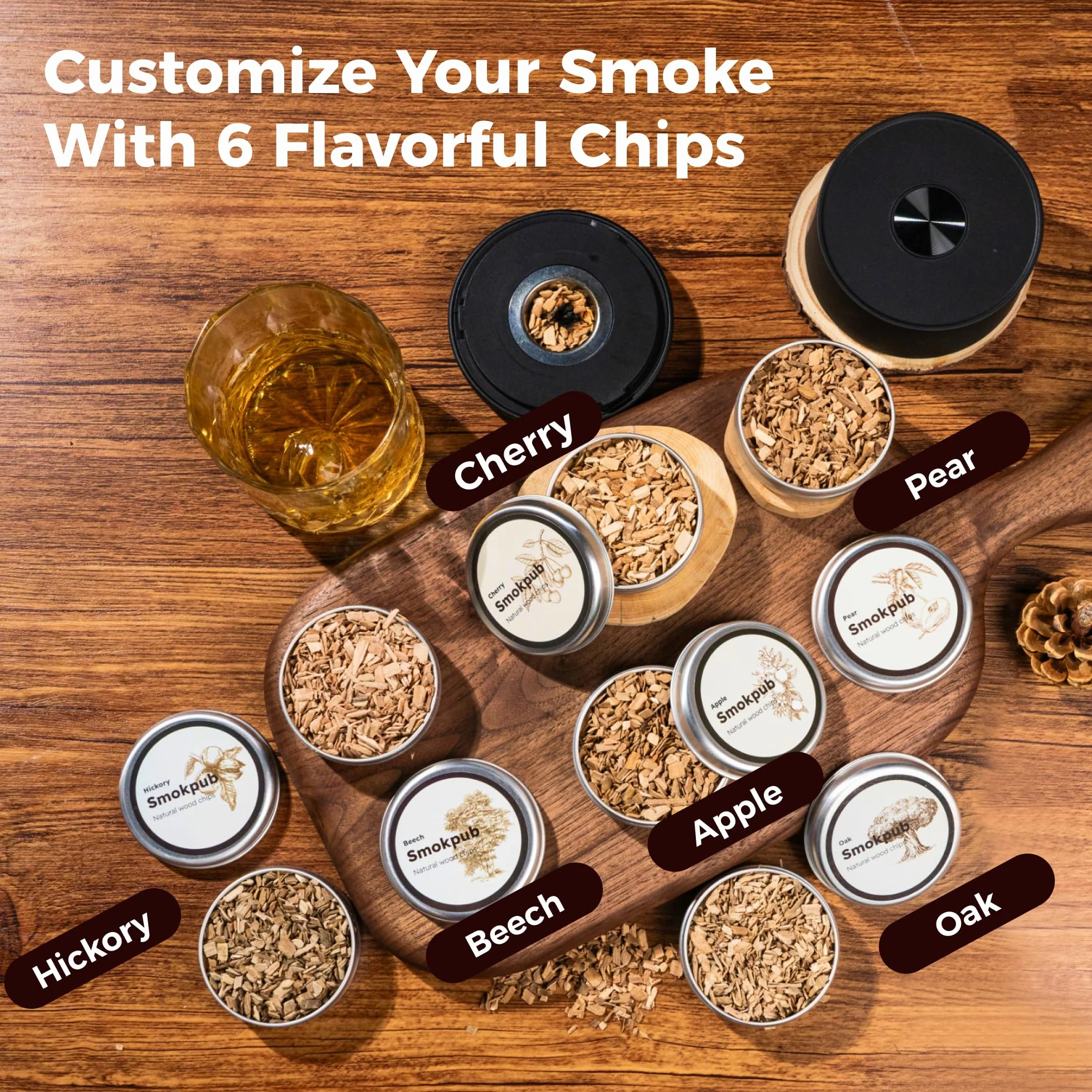 Kit fumatore di whisky elettrico con 6 chip di legno, kit affumicatore da cocktail ricaricabile, accendino integrato, non necessita di butano, compleanno, Natale, anniversario, regalo di whisky