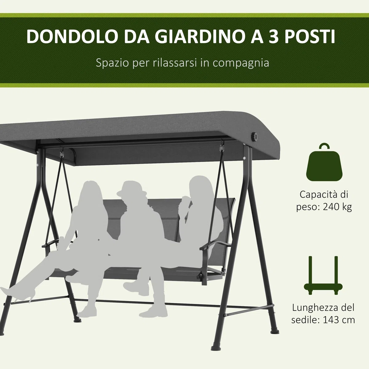 Outsunny Dondolo da Giardino 3 Posti con Tettuccio Parasole Regolabile, Dondolo da Esterno con Seduta Traspirante a Rete e Piedini Antiscivolo in Poliestere e Metallo, 200x133x176 cm, Grigio Scuro
