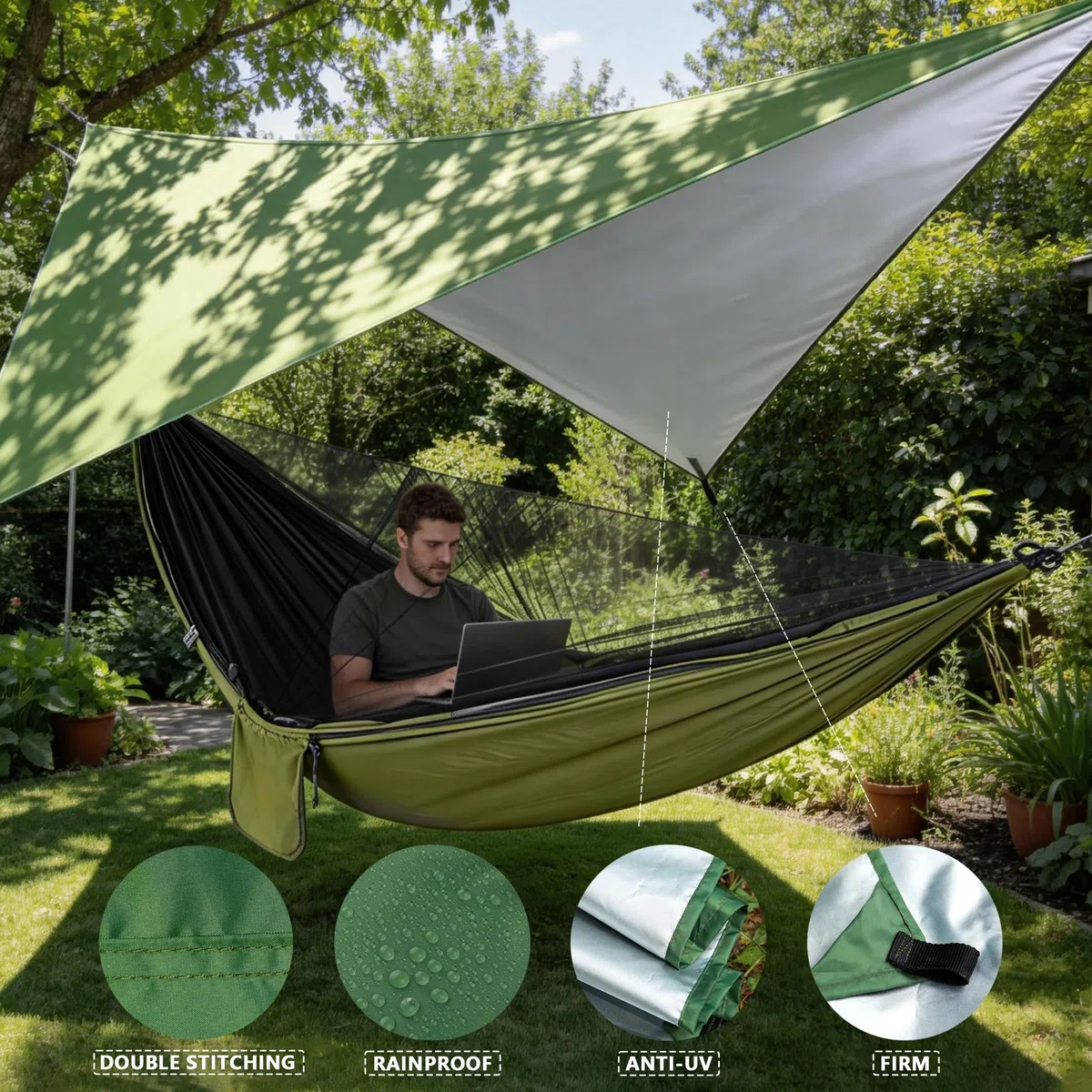 Amaca da Giardino Campeggio Leggera, Amaca da Esterno con Zanzariera e Tenda Parasole, 290x140cm 210T Doppi Strati Nylon Paracadute Amaca Sospesa per Viaggio Escursionismo