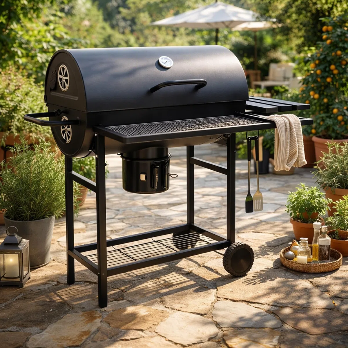 BRICOZONE Barbecue A Carbone Con Coperchio Termometro Integrato Grill BBQ In Acciaio Con Ruote Ripiani E Ventilazione Regolabile Pinza E Guanti Ideale Per Giardino Terrazzo E Balcone Cm Nero