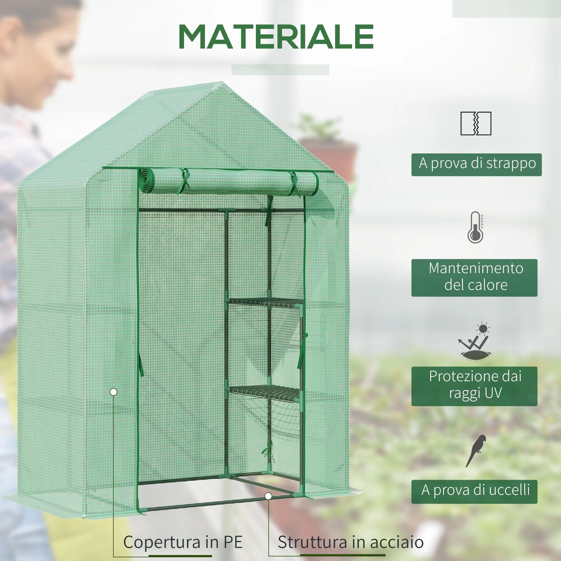 Outsunny Serra da Esterno con 4 Ripiani, Funi e Picchetti, in Acciaio e Plastica PE, 141x72x191 cm, Verde