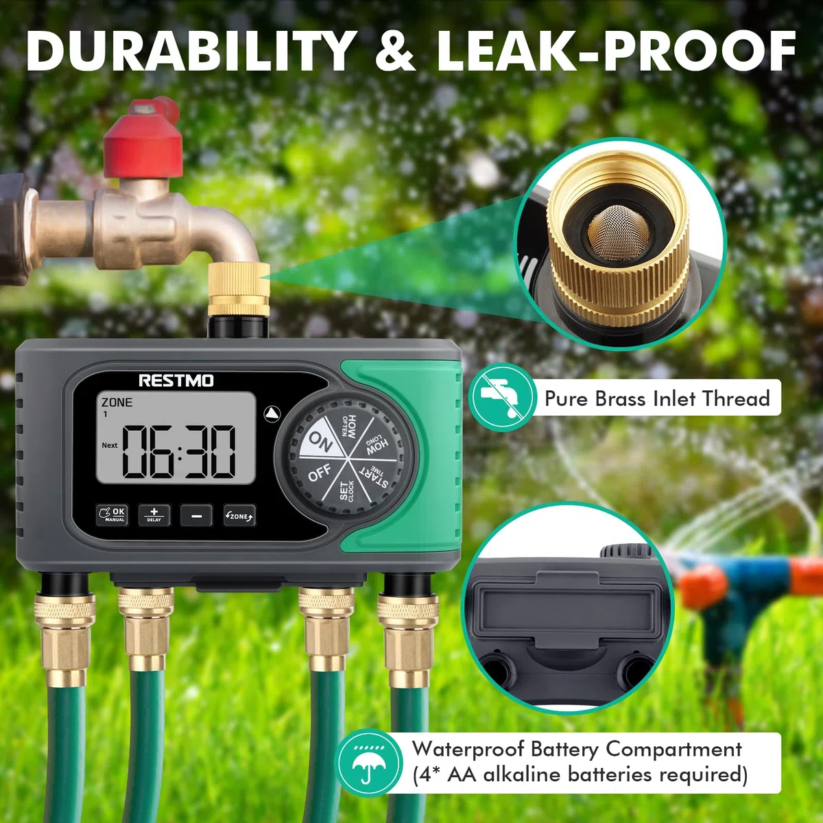 RESTMO Timer irrigatore a 4 uscite con ingresso in ottone, timer dell'acqua programmabile a 4 zone per tubo da giardino, controllo digitale automatico, ON/OFF manuale, ritardo pioggia, per rubinetto