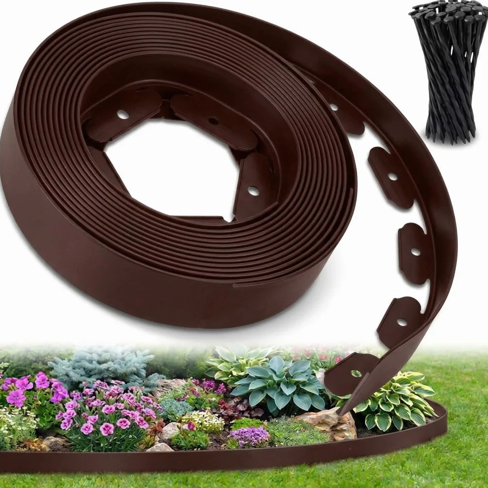 Ediesi, Bordura per giardino 10 m flessibile, bordo aiuole plastica resistente 5 mm, bordatura giardino per prato vialetti, installazione facile con 30 picchetti (Marrone, 10 metri)