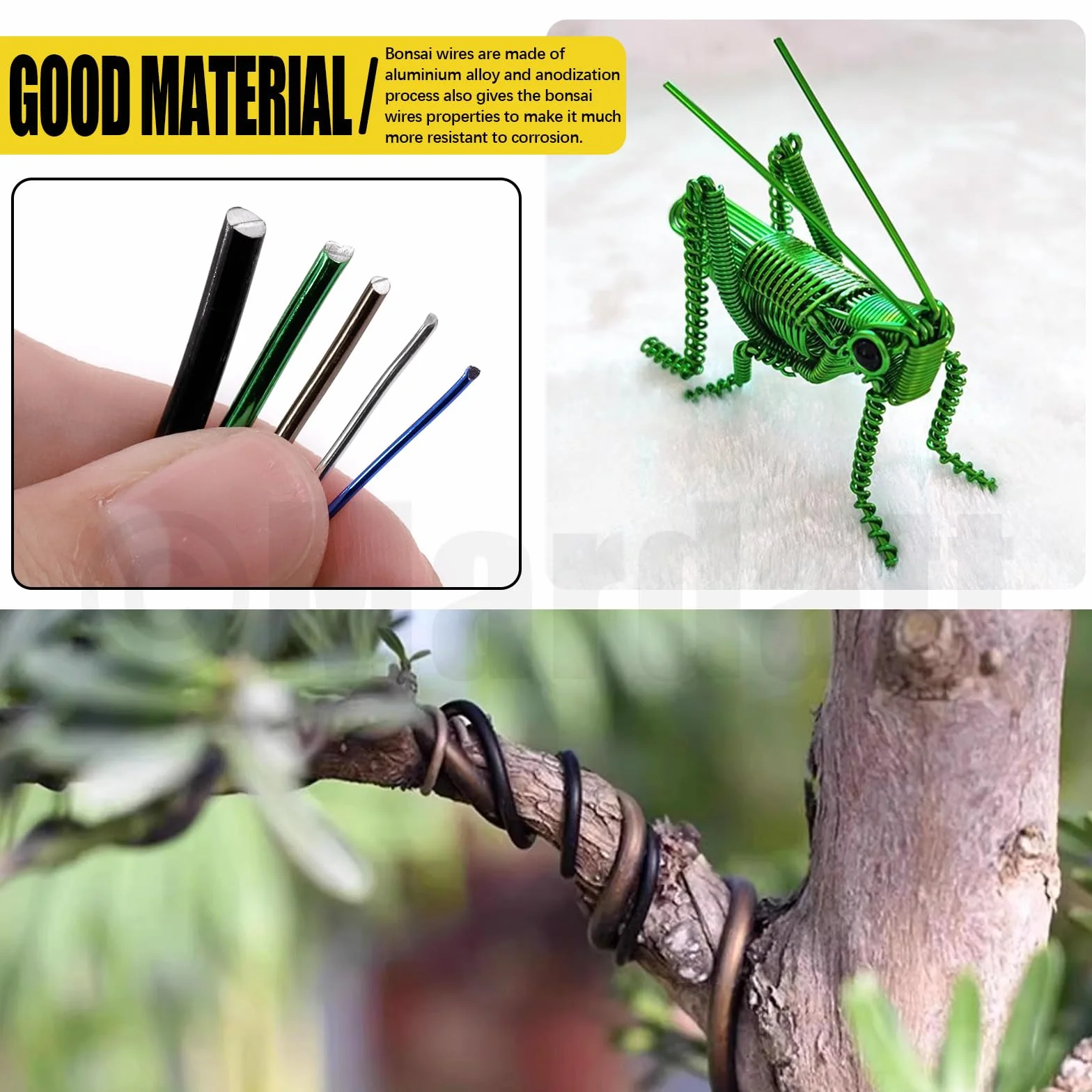 Kit di 6 fili per bonsai da 0,8 mm, 1 mm, 1,5 mm, 2 mm, 3 mm, filo di alluminio anodizzato, filo di alluminio per bonsai con tronchi per la progettazione di rami di bonsai