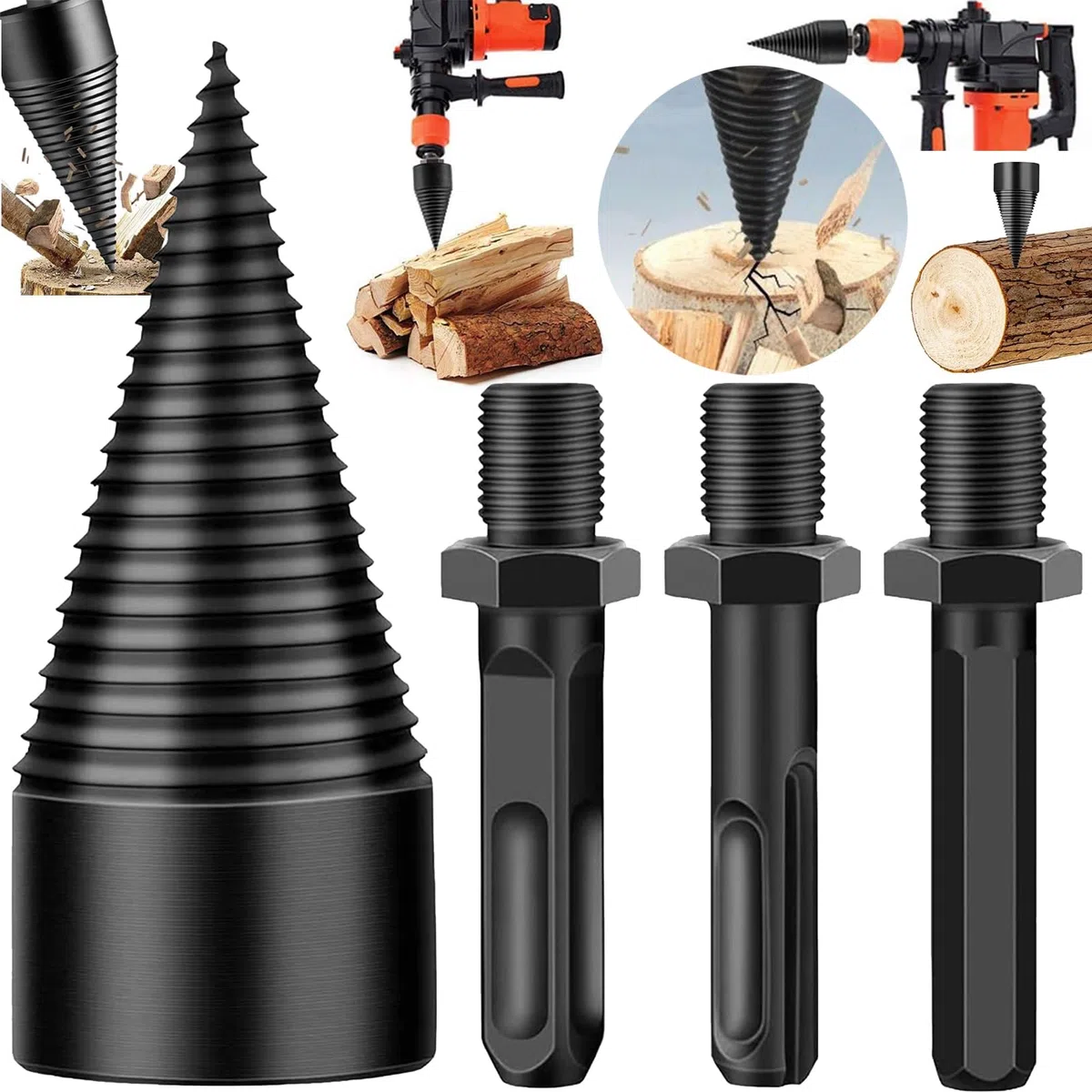 Srup 42mm Spaccalegna, Spaccalegna a cono, Trapano a Gradini in Acciaio, Spaccalegna con Tronchi Esagonali, Spaccalegna da Ardere con 3 Manici di Perforazione, Punta Spaccalegna per Trapano