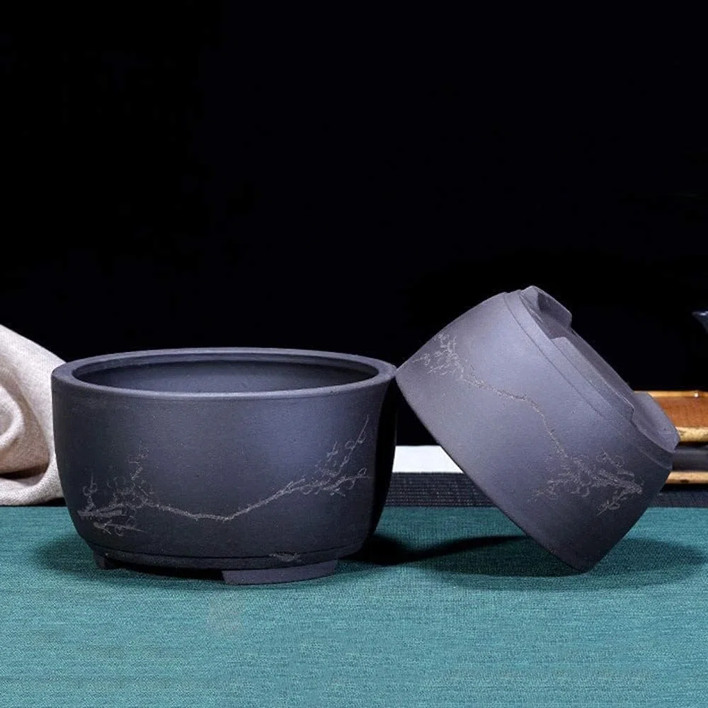 Generico Vaso bonsai tradizionale cinese in ceramica nera opaca con foro di drenaggio, fioriera rotonda floreale incisa for piante grasse da interno, decorazioni for la casa
