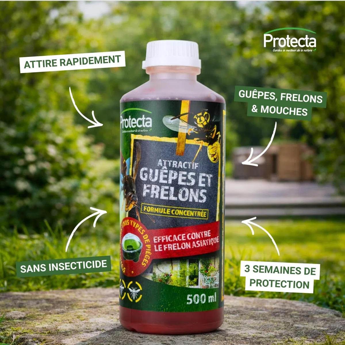PROTECTA Attractive Vespe, Calabroni e Mosche - Liquido per trappola vespe/protezione naturale ed efficace - concentrato da diluire, può essere utilizzato in tutti i tipi di trappole - 2 x 500 ml