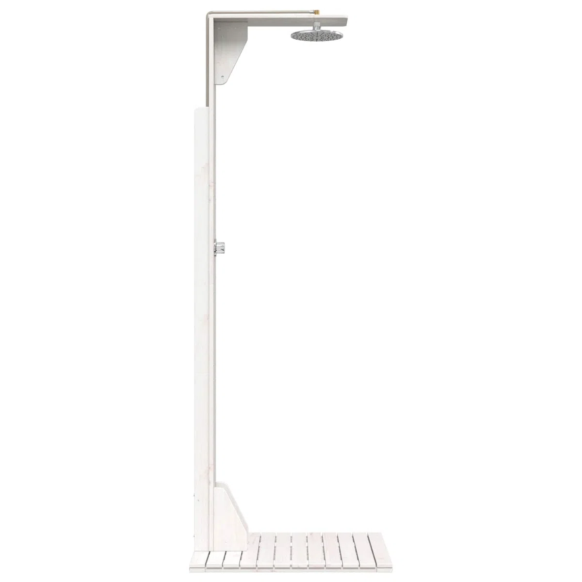 Doccia da esterno in legno massello di pino e acciaio inox, bianco, 214,5 cm, resistente alle intemperie, regolabile in altezza, soffione girevole adatto per giardino, piscina, spa, jacuzzi