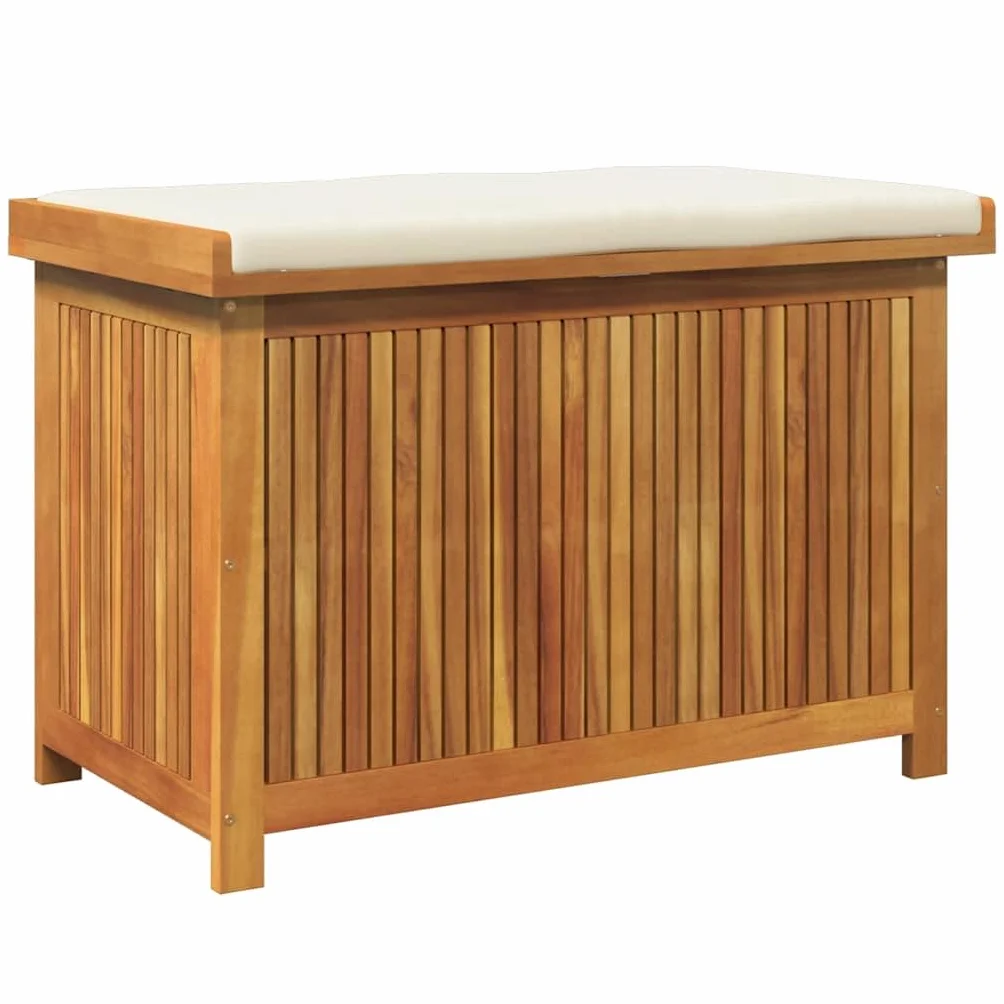 Scatola per cuscini per esterni, 90 x 50 x 60,5 cm, in legno massiccio acacia | Stoccaggio Giardino, Borsa Impermeabile Integrata, Doghe Ventilate, Coperchio Antipolvere
