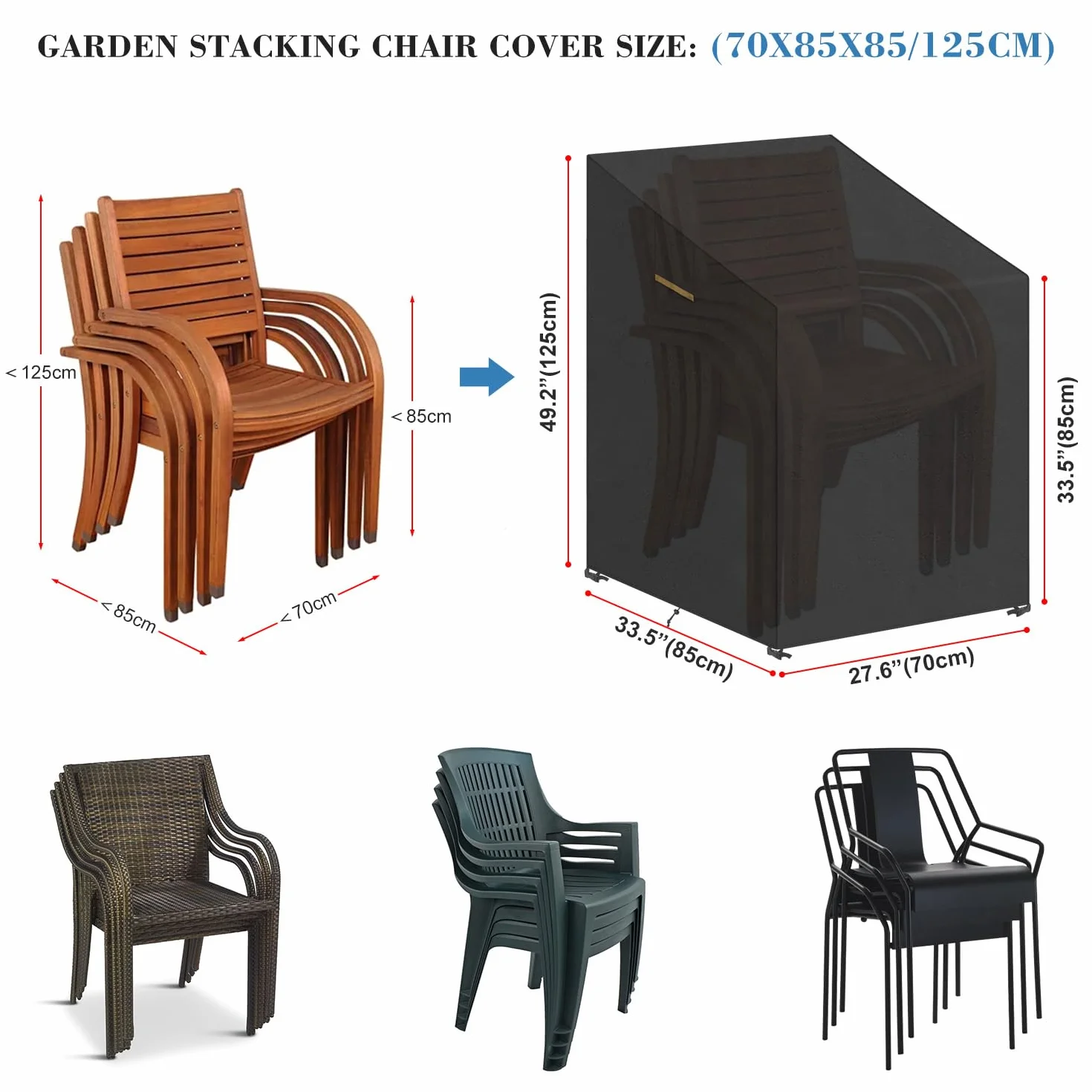 VANSHEIM Copertura Sedie Esterno Impilabili Copertura Protettiva Sedie da Giardino Copertura per Sedie da Giardino Impermeabile Anti-UV Oxford Telo Coprisedie da Esterno Impilabili 70x85x85/125cm