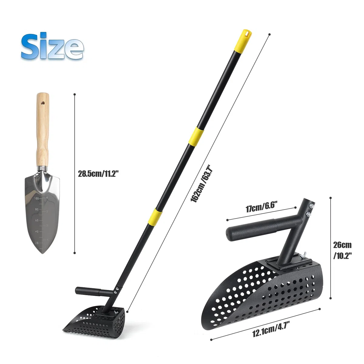 Paletta per la sabbia per il rilevamento di metalli da 162 cm, pala regolabile per metal detector, in acciaio inox, con manico lungo in acciaio, setaccio per sabbia, pala per la spiaggia, nero