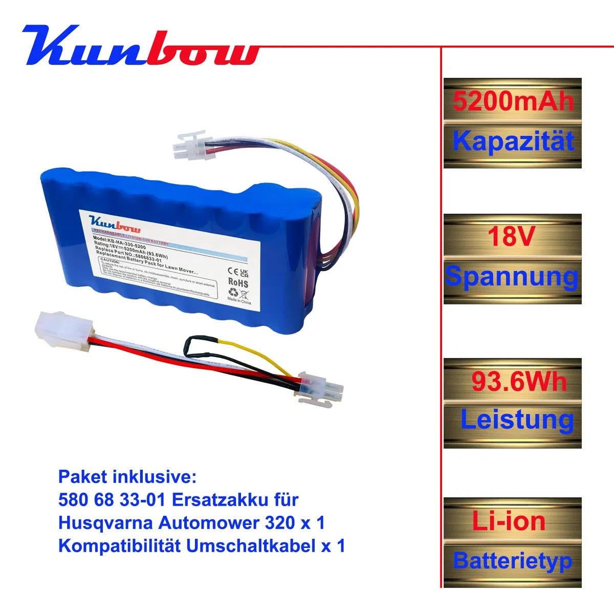 Batteria di ricambio per robot tosaerba Husqvarna Automower 320, 330X, 420, 430, 430X, 430X, 440, 450X, 520, 550, ricambio per Husqvarna Automow batteria 580 68 33-01,580 68 33-02. 18 V/93 6 Wh