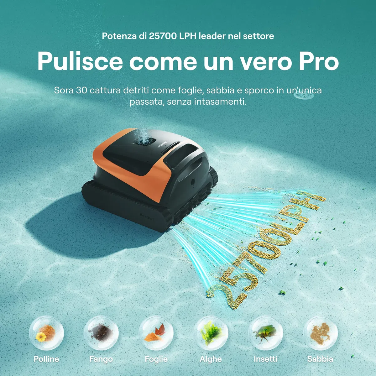Beatbot Sora 30 Robot Piscina pareti e Fondo, Linea d'Acqua,Orange | Pareti e Fondo, Linea d'Acqua,Piattaforme,Robot Piscina Senza Fili,Parcheggio in Superficie, App, Filtrazione ultrafine, 5L
