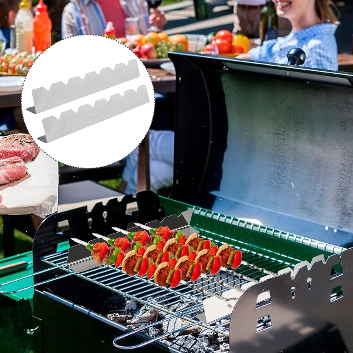 4 Pezzi Griglia Supporto per 6 Spiedini in Acciaio Inox - Accessori per Barbecue, Esterni, Campeggio ed Escursionismo