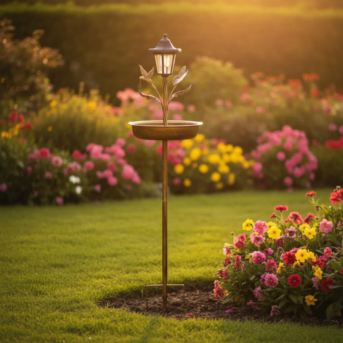 Bagno per Uccelli da Giardino Vasca Piatta Mangiatoia a Palo in Metallo con Punte per Fissaggio Stile Lanterna con Elementi Foglie E Fiori Durevole