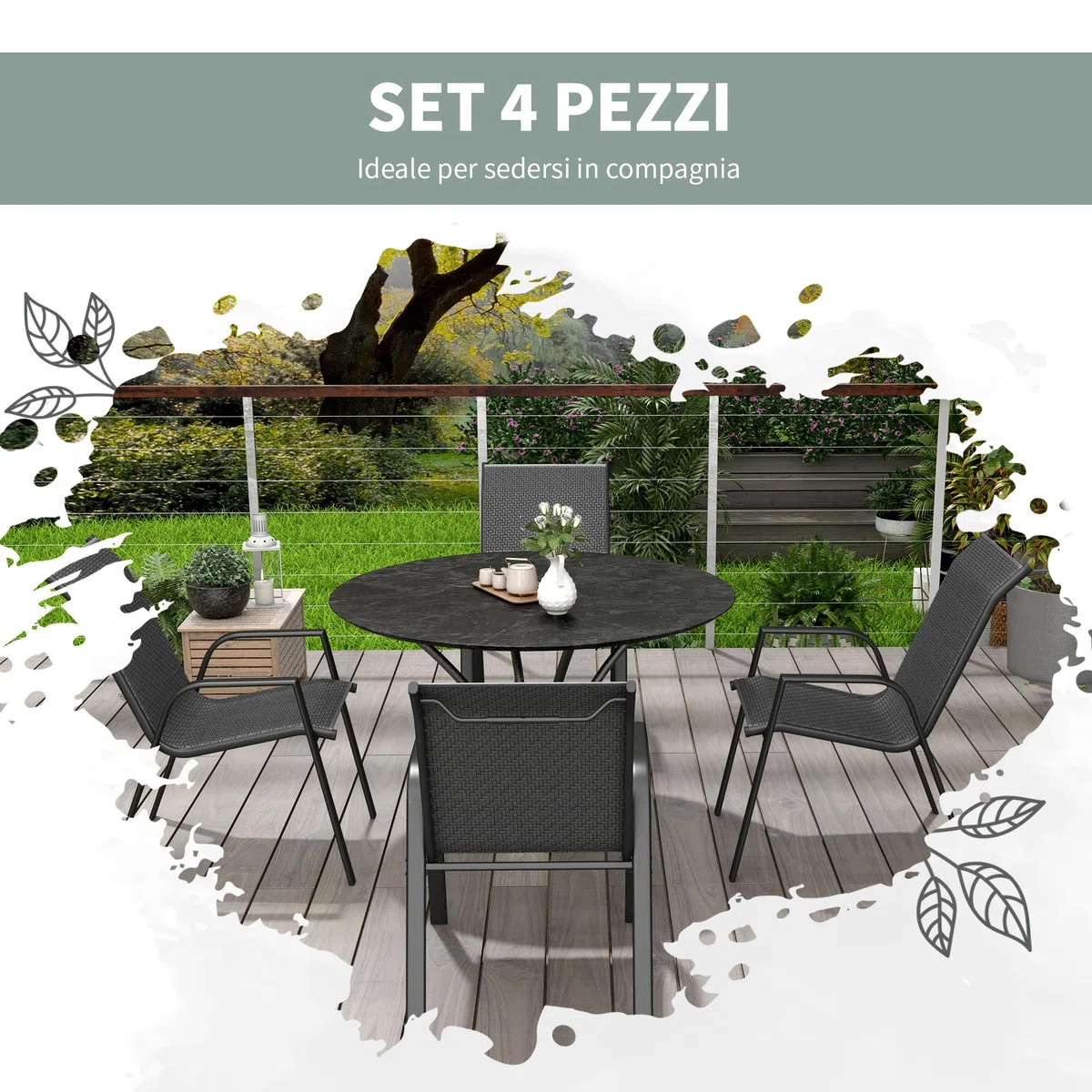 Outsunny Set 4 Sedie da Giardino Impilabili in Rattan PE e Acciaio Grigio | Sedie da Pranzo per Esterni con Braccioli