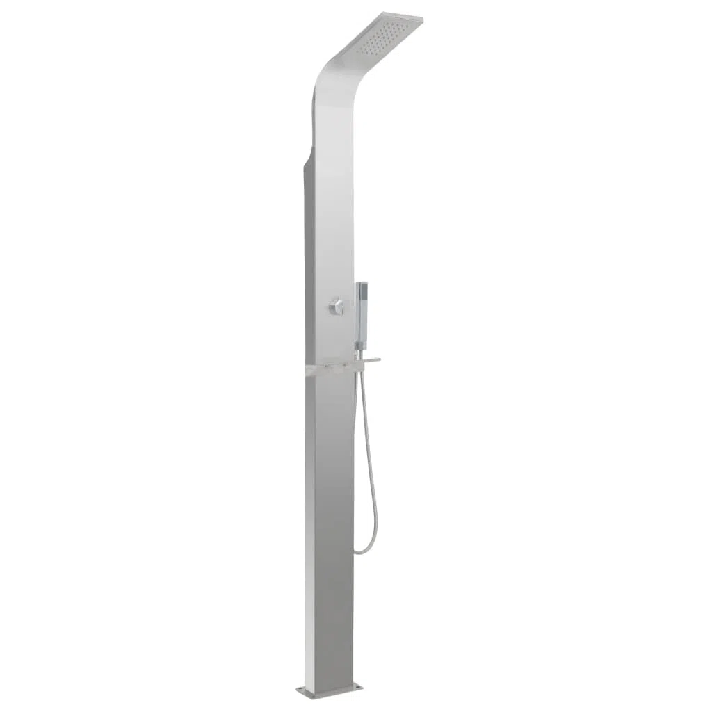 Mangloder - Doccia da giardino in acciaio inox curvo 201 spazzolato, 210 cm, soffione a pioggia, 50 getti, tubo flessibile da 150 cm, per giardino, terrazza, piscina, vasca idromassaggio, facile da