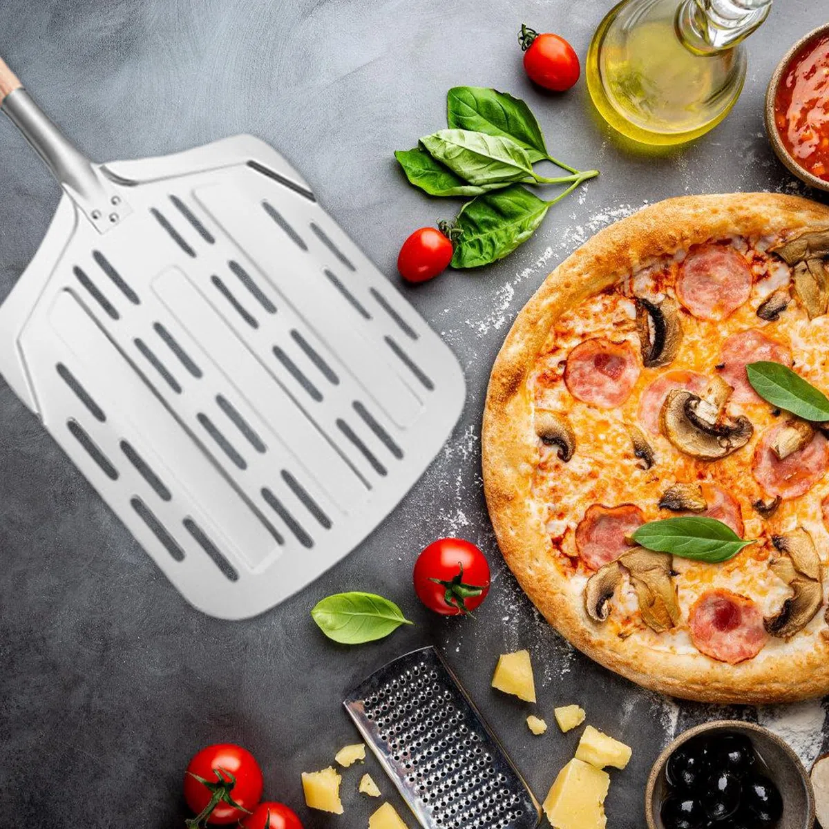 GBKDQQ Pala per pizza, 135 cm, pala per pizza, forata, grande cursore per pizza, in alluminio con manico lungo in legno rimovibile, per cucina e gastronomia