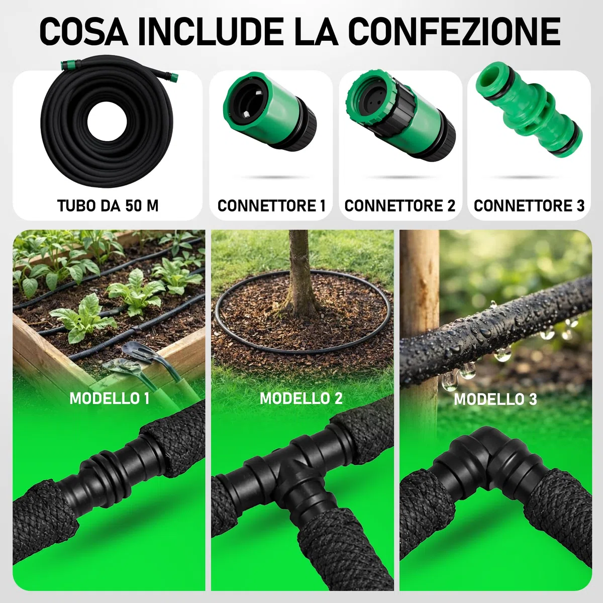 Tubo Poroso per Irrigazione 50 m | Irrigazione a Goccia Uniforme con Risparmio d’Acqua | Ideale per Giardino, Orto e Siepi | Kit di Connettori Incluso (5000, Centimetri)