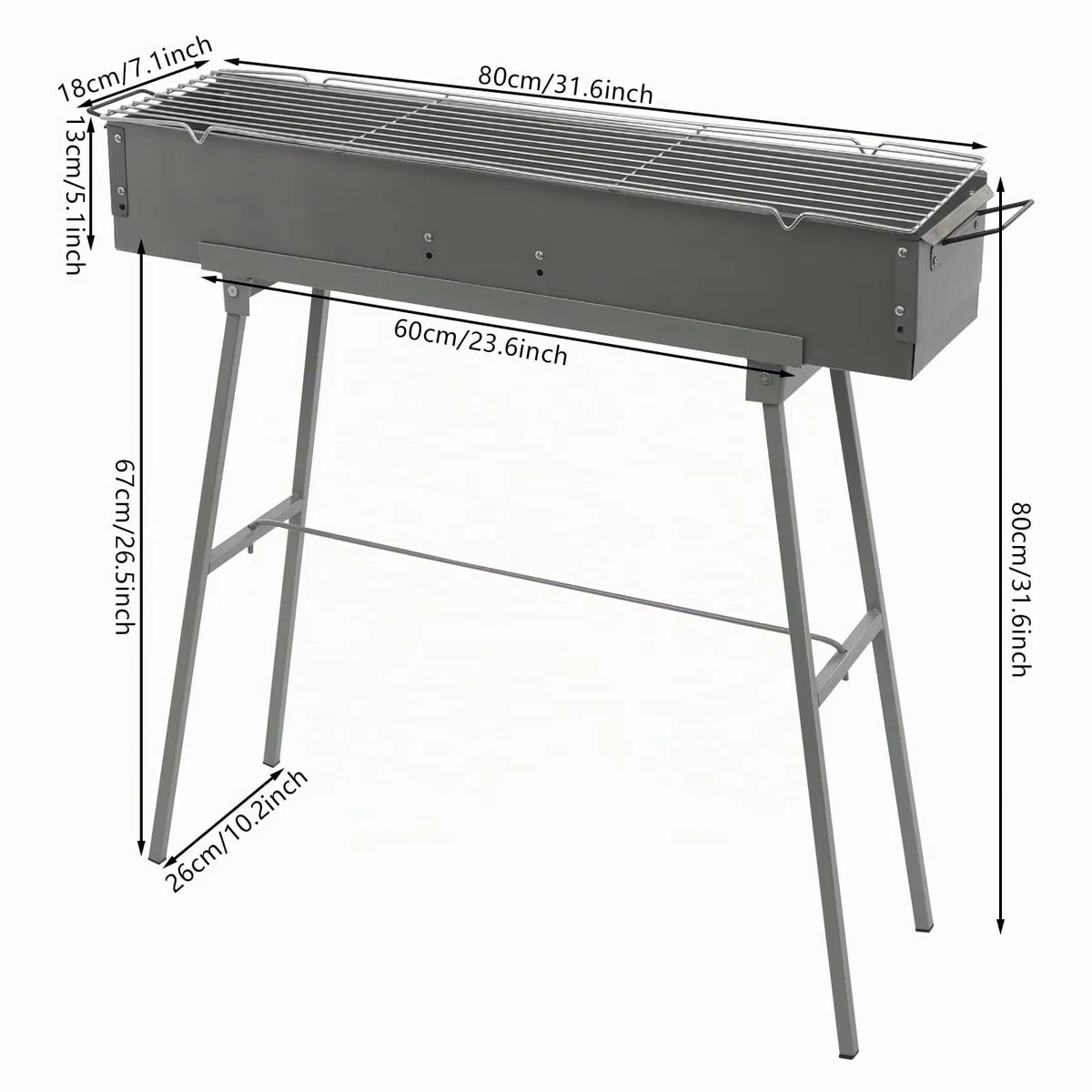 Barbecue portatile a carbonella, 80 x 18 cm, pieghevole, portata 35 kg, griglie in lega di zinco e ferro