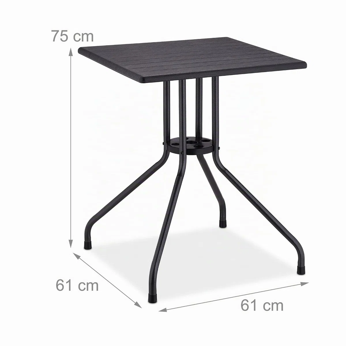 Relaxdays Tavolino da Giardino, HLP: 75x61x61 cm, Tavolo Quadrato da Balcone, in Plastica Effetto Legno e Acciaio, Nero