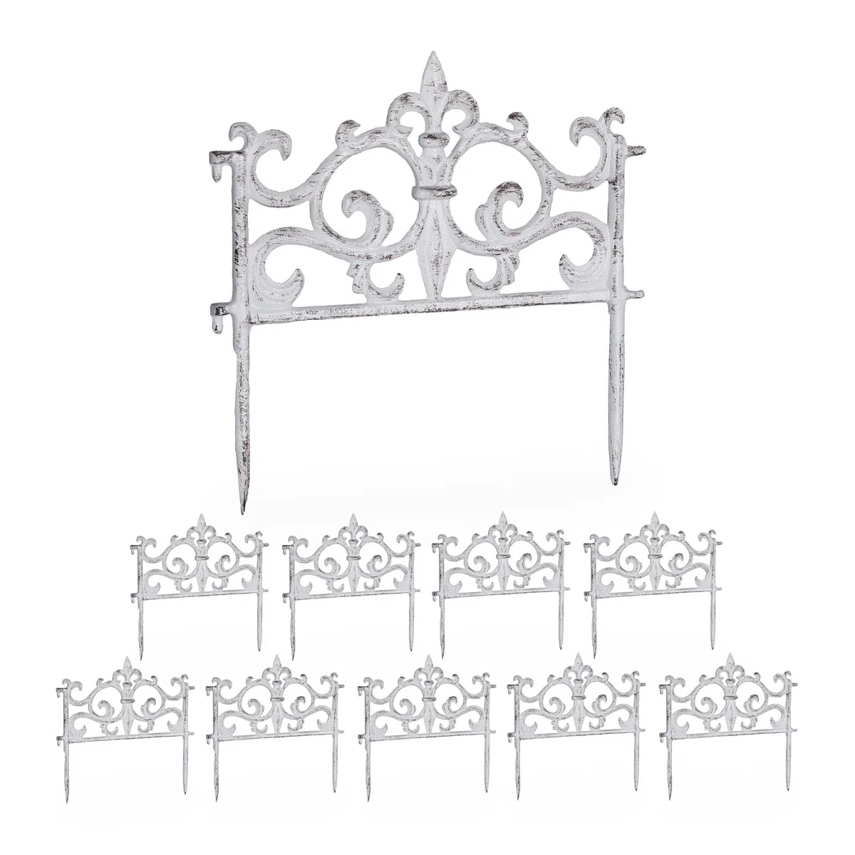 Relaxdays Bordo per Aiuole, Set 10 Recinzioni in Ghisa per Prato in Giardino, HxL: 27x27 cm, Bordure Vintage, Bianco