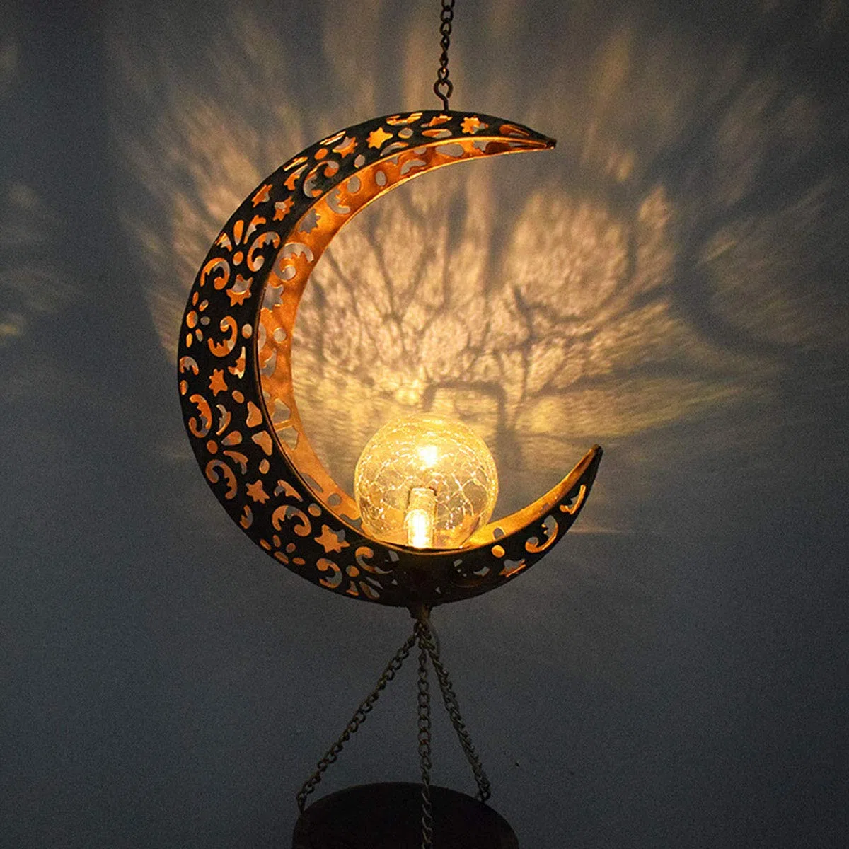 lifemet Campanelli a vento con luci solari a LED, luci notturne a forma di luna, per esterni, giardino, impermeabile, in metallo, per patio, terrazza, prato, cortile