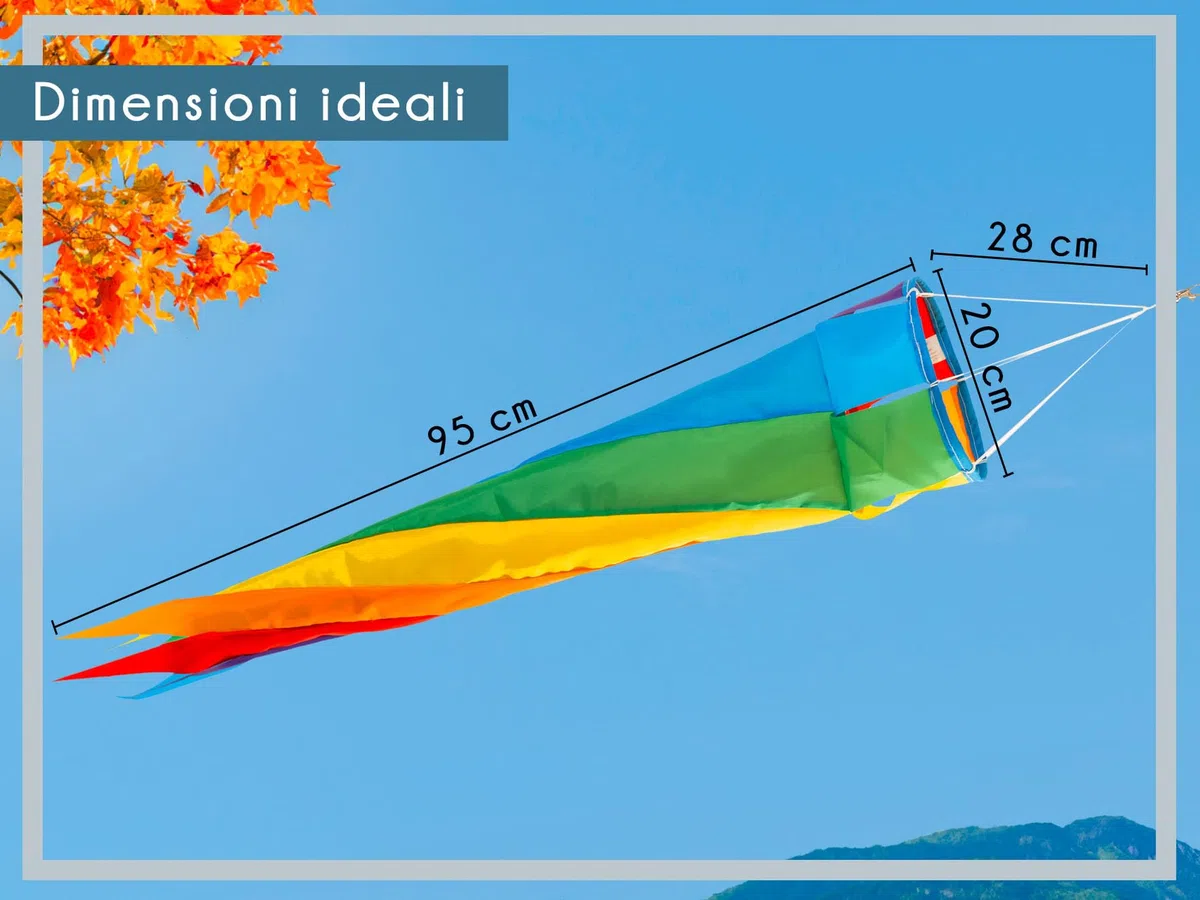 PHENO FLAGS Manica a vento arcobaleno, 95 cm - decorazione colorata per esterni da giardino - bandiera a vento per l'asta della bandiera, campanelli eolici e maniche a vento