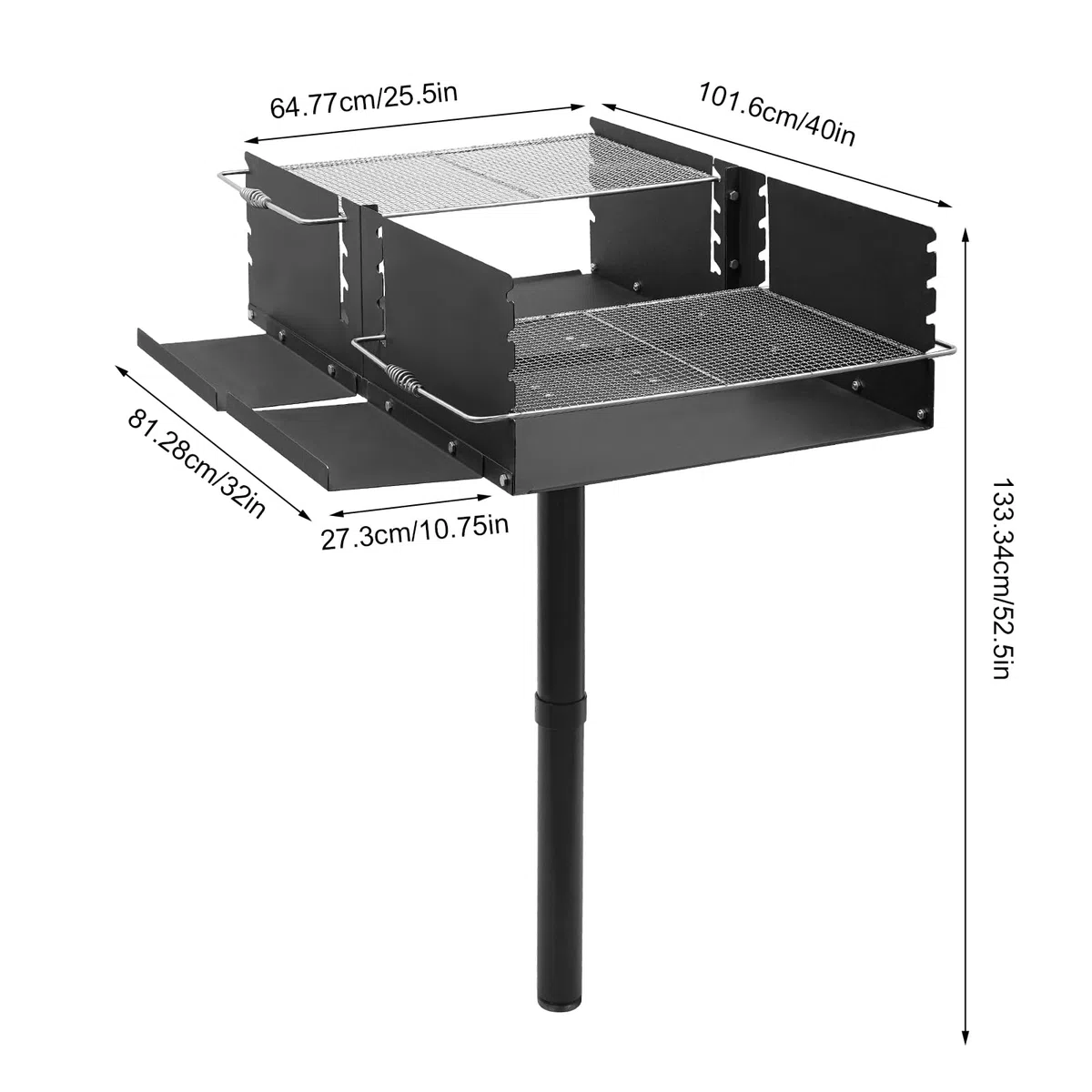 Barbecue a carbonella in acciaio inox, a colonna, con supporto, da giardino, con ripiani laterali, griglia regolabile in altezza, 100 x 65 x 133 cm