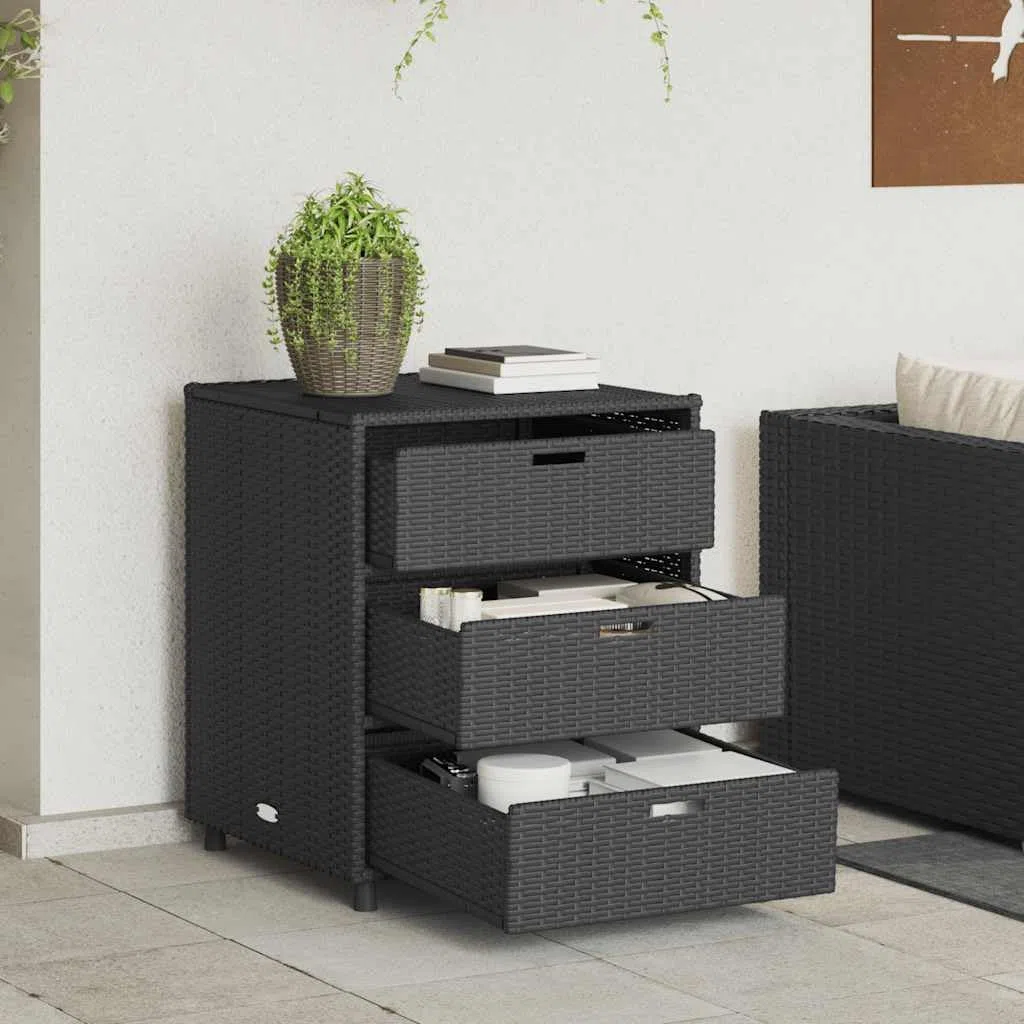 Armadio da giardino nero in polyrattan, 55 x 59 x 69 cm, con 3 cassetti, telaio in acciaio verniciato a polvere, contenitore per esterni, per giardino, piscina, terrazza, impermeabile e