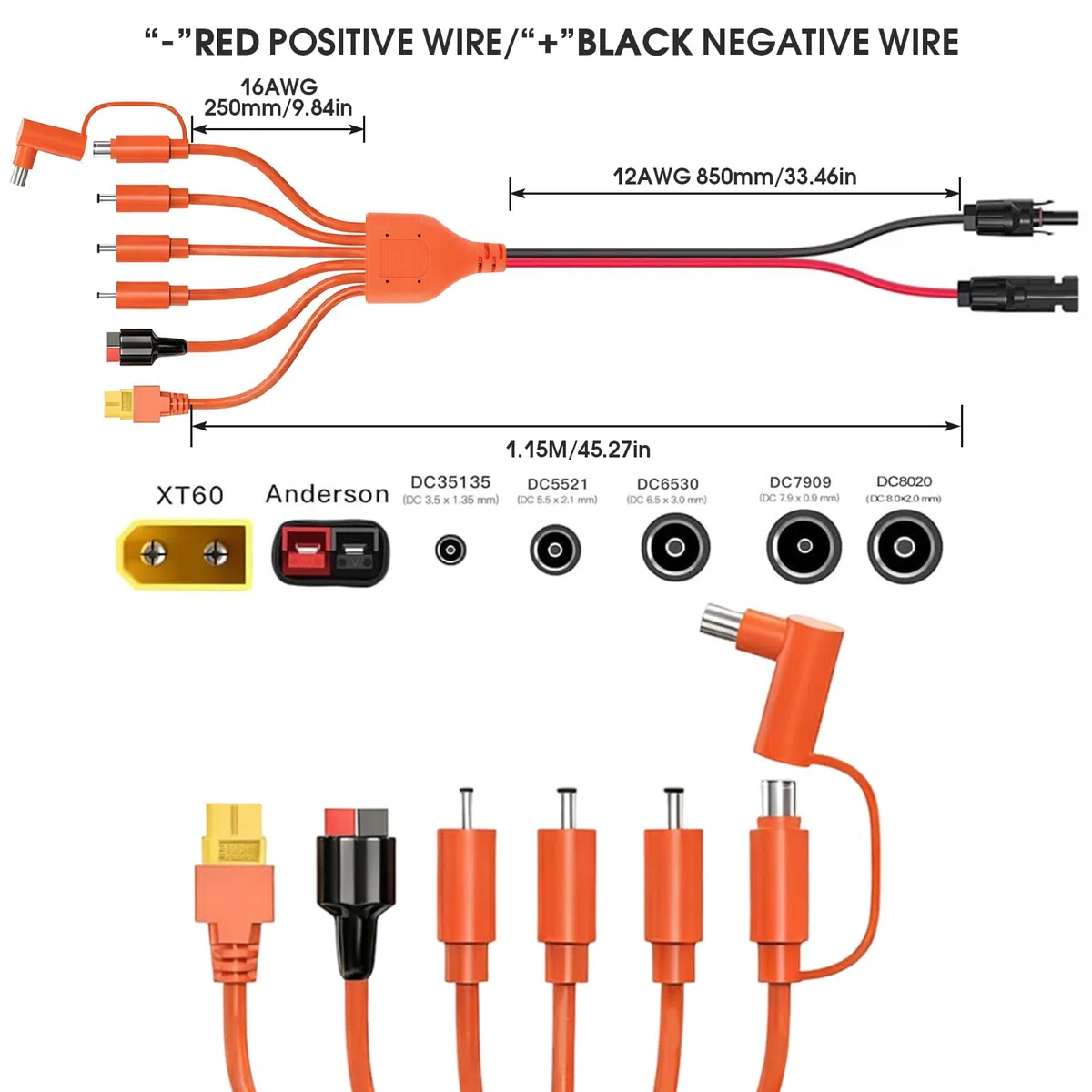 Rierousy Cavo di ricarica solare 7 in 1 con Anderson, XT60, DC7909, DC6530, DC35135, DC5521, DC8020, lunghezza 1,2 m, compatibile con pannello solare, Powerstation, generatore solare