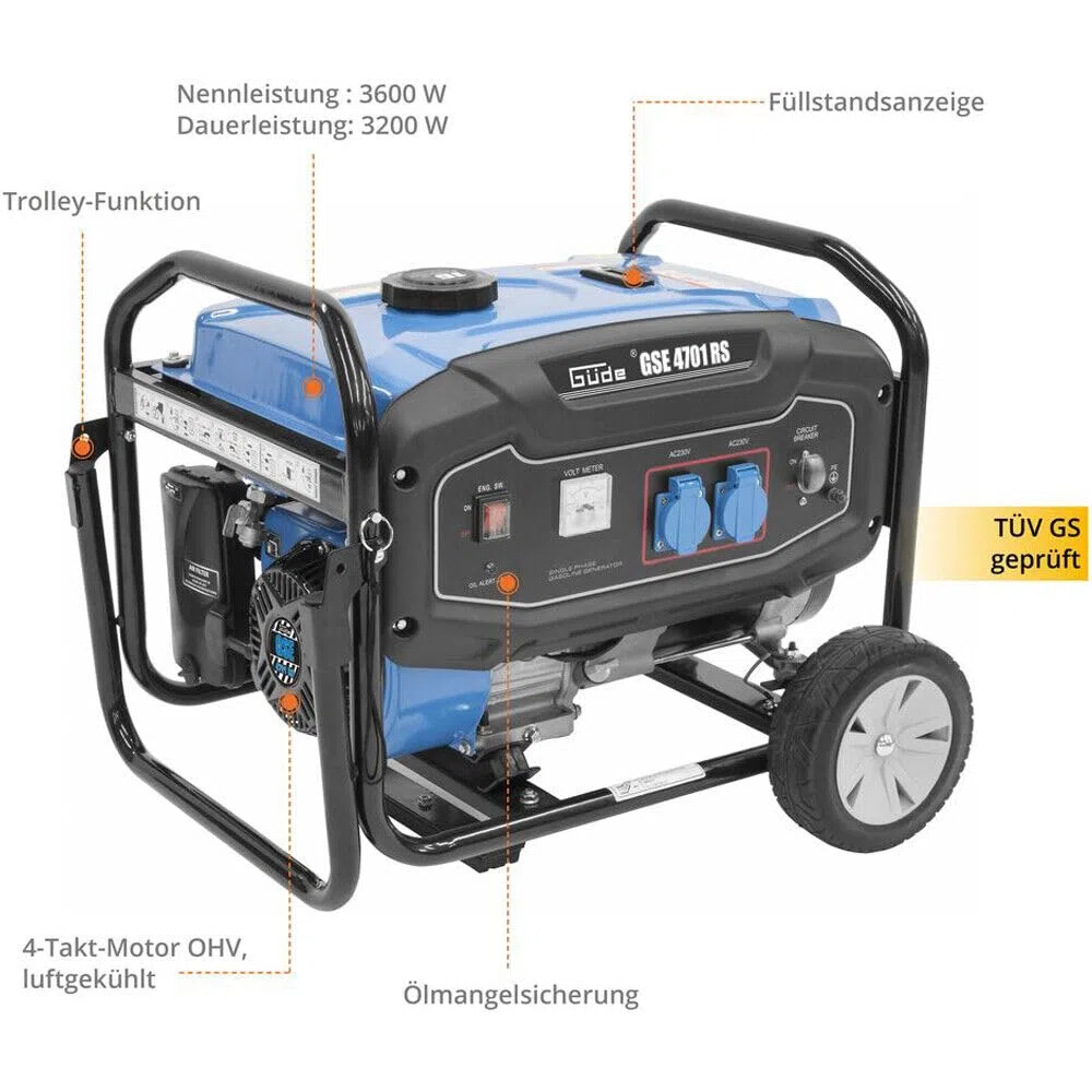 GÜDE GSE 4701 RS - Generatore di corrente 3600W con AVR e ruote per il trasporto