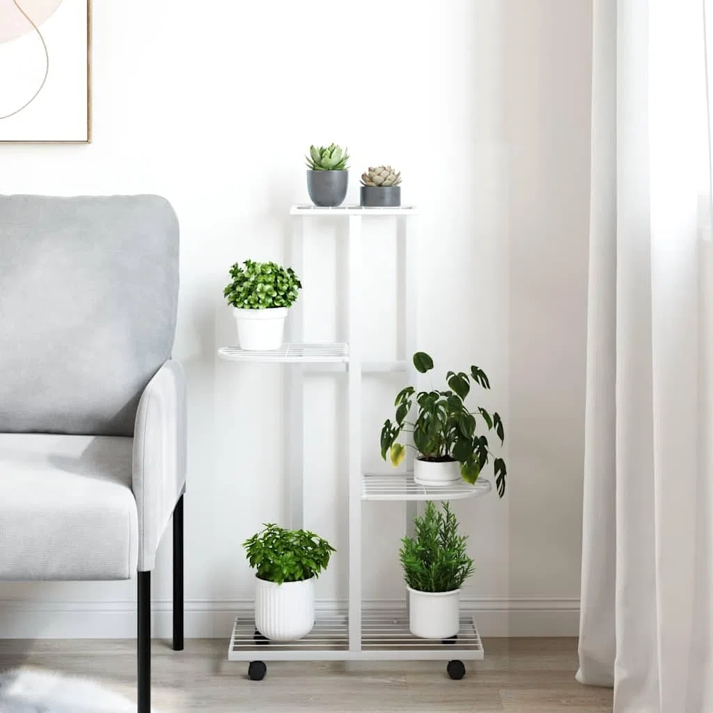 Portafiori a 4 ripiani con ruote, 44 x 23 x 80 cm, in ferro bianco, scaffale per piante per balcone, terrazza, soggiorno, multipiano, per vaso ed erbe aromatiche