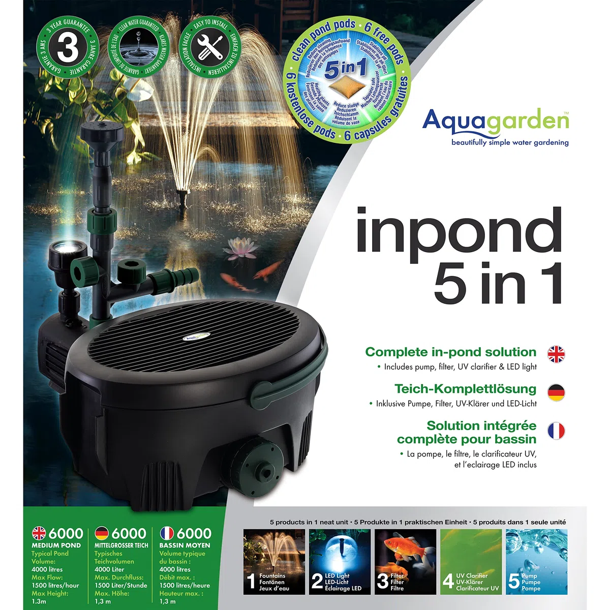 Aquagarden Inpond 6000, pompa per laghetto e acqua, filtro, chiarificatore UV, faretto LED e fontana, soluzione completa per un laghetto pulito, limpido e bello, per laghetti fino a 2000 litri, nero