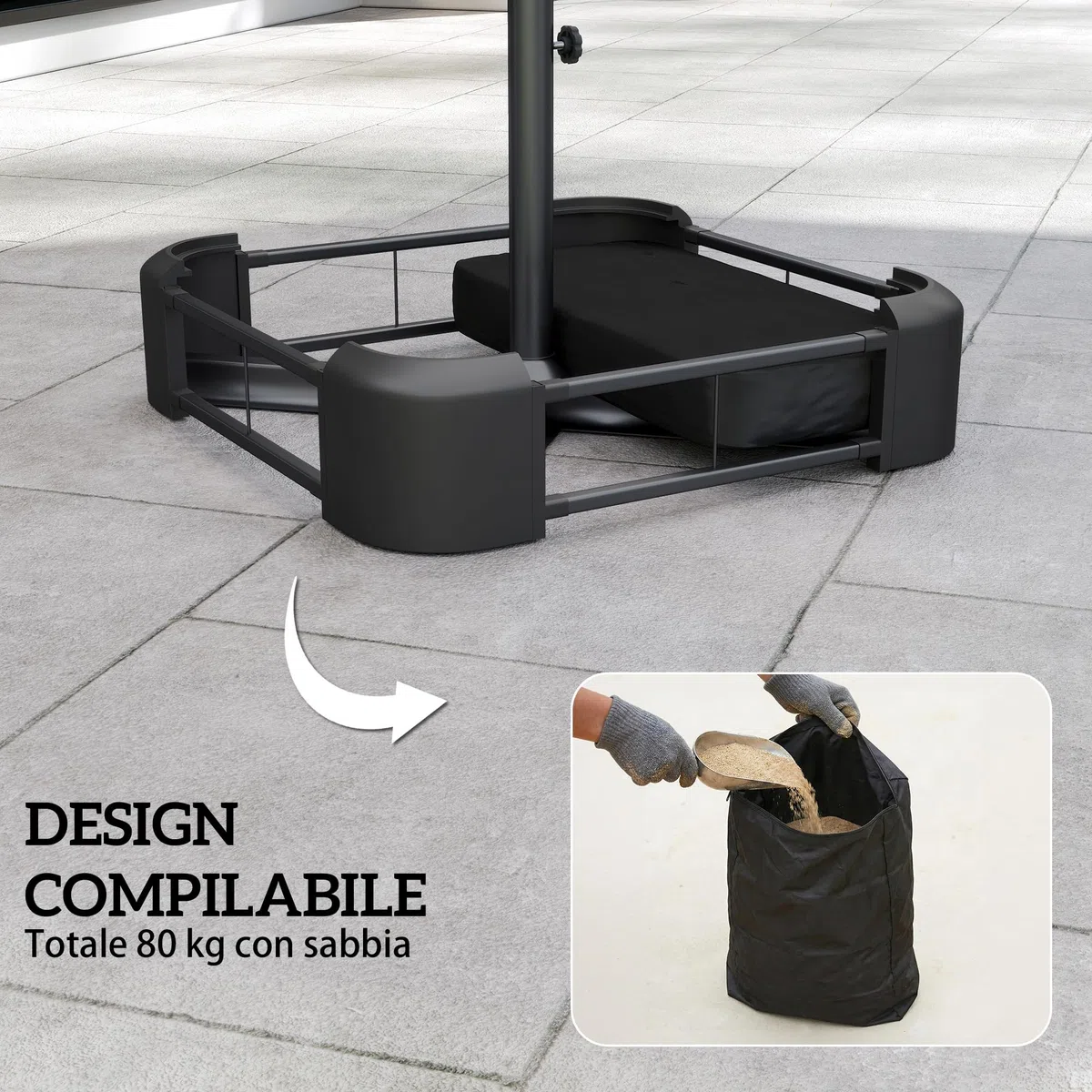 Outsunny Base per Ombrellone Riempibile con Sabbia 80 kg in HDPE Nero | Sabbia Bagnata 90 kg, Basamento per Ombrellone da Giardino, per Pali da Ø48 mm