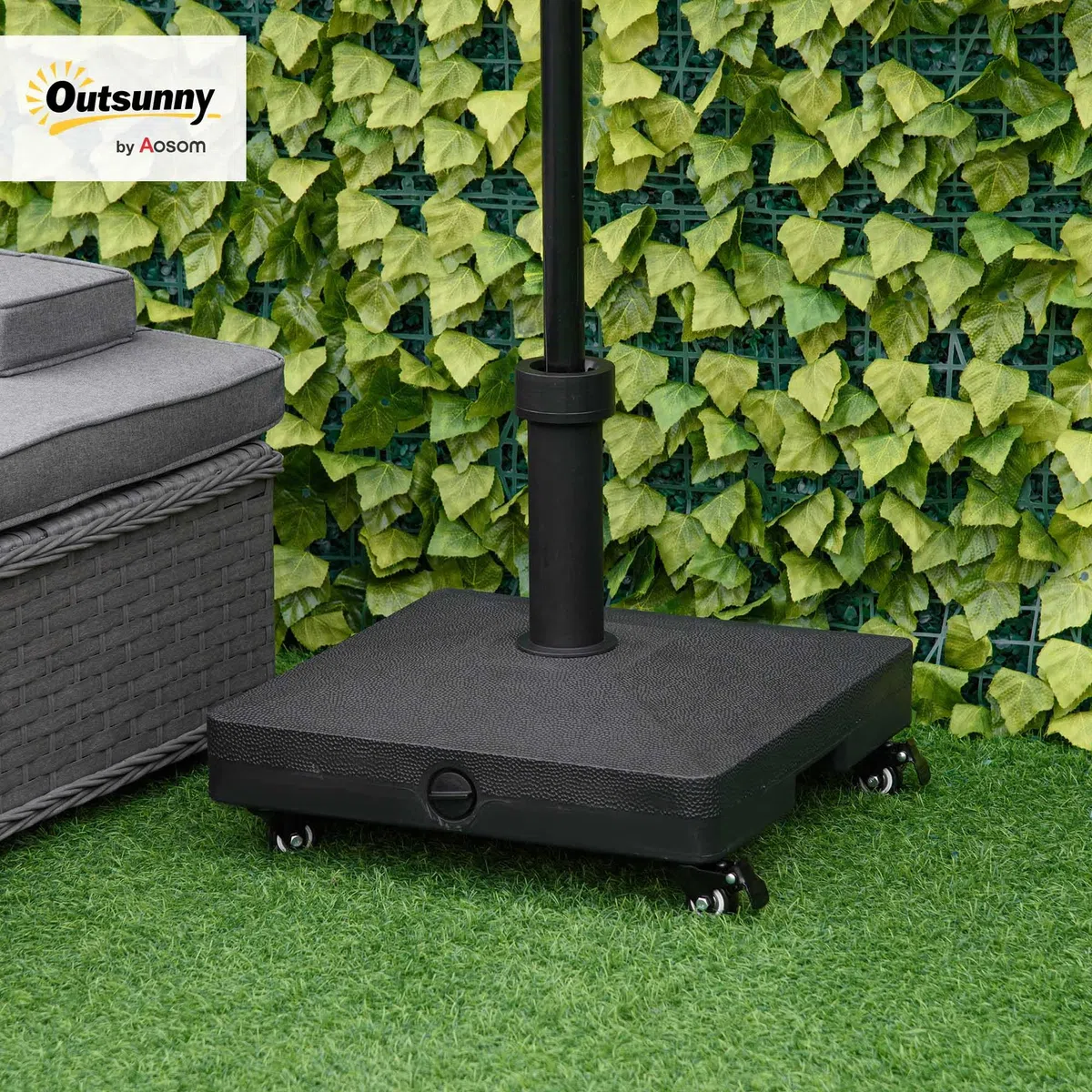 Outsunny Base per Ombrellone con Ruote Riempibile Fino a 20kg, Base Ombrellone in HDPE per Pali da Ø22-38mm, 45x45x39cm, Nero