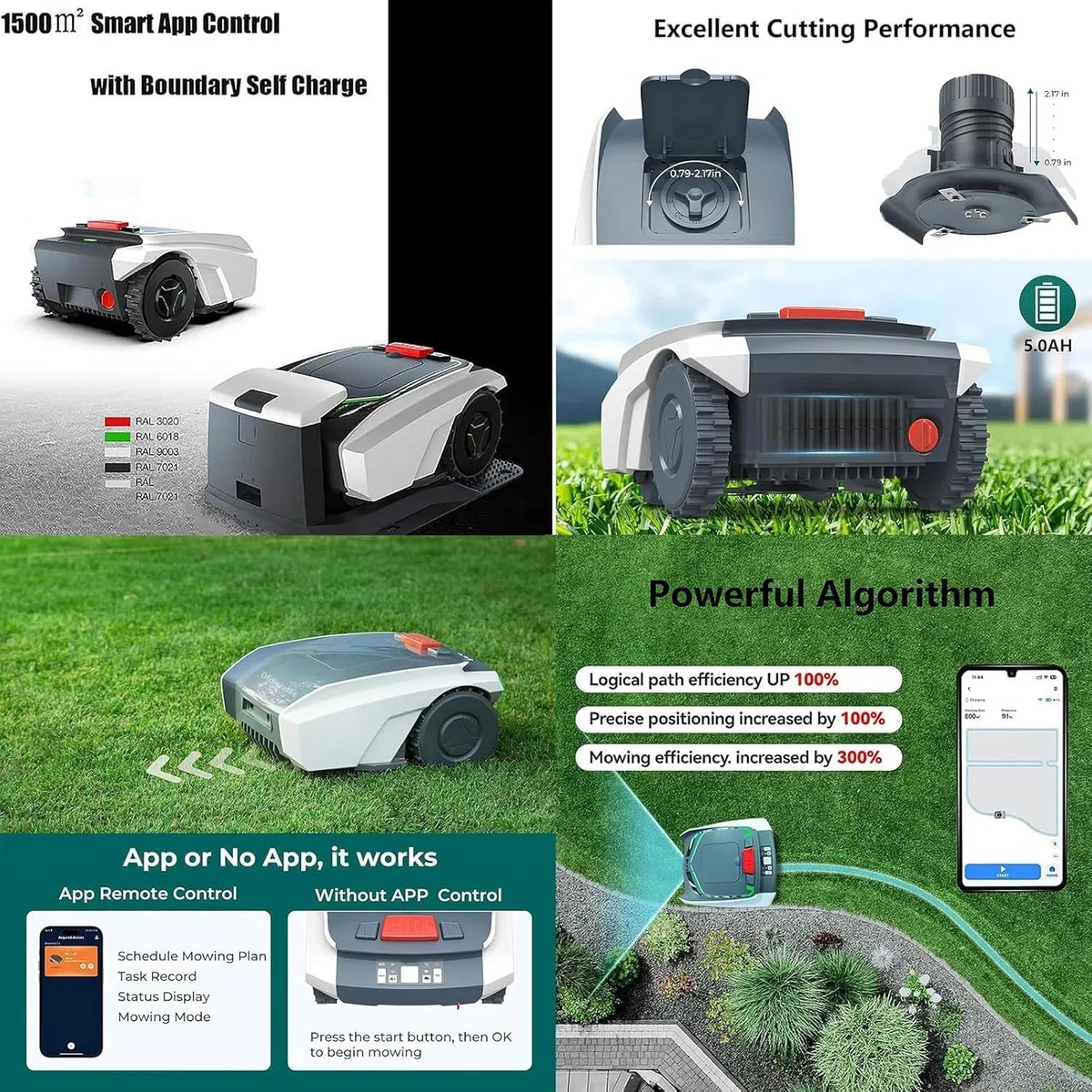 Robot Tagliaerba per Prato da 1500 mq, Robot Tagliaerba Automatico Intelligente con Navigazione GPS, Pendenza 25%, Ultra Silenzioso, Batteria al Litio da 5,0 Ah, Altezza di Taglio 20-50mm