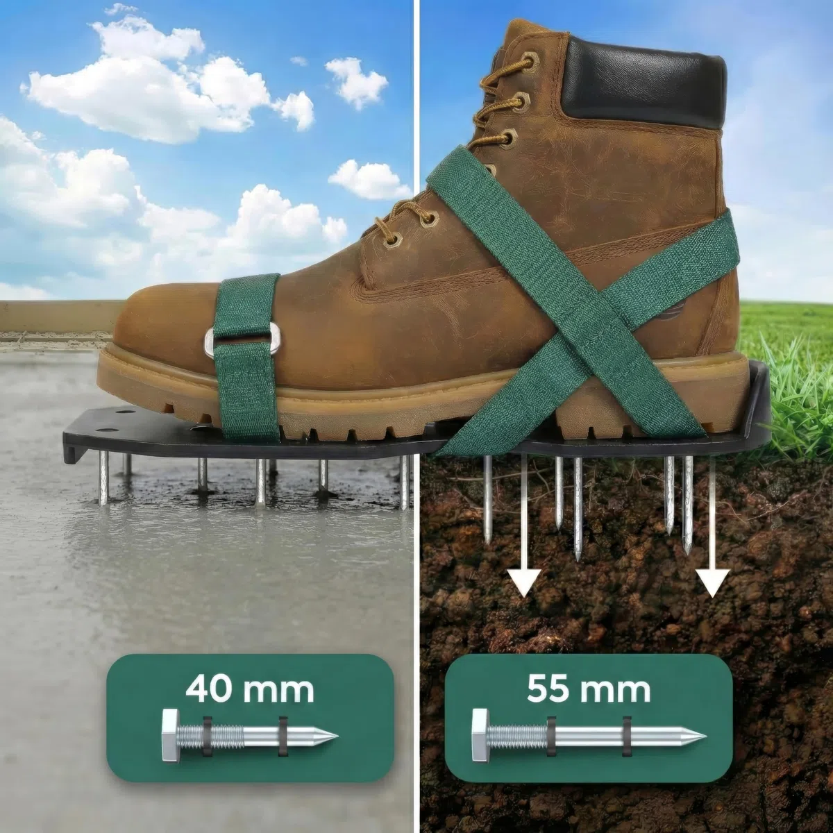 Sillar Scarpe Arieggiatore Prato 2 in 1, Scarpe Chiodate per Areazione Prato, Terreno e Giardino, Scarificatore Manuale con Chiodi 55 mm e 40 mm, per Pavimenti e Massetto, Taglie 37-48